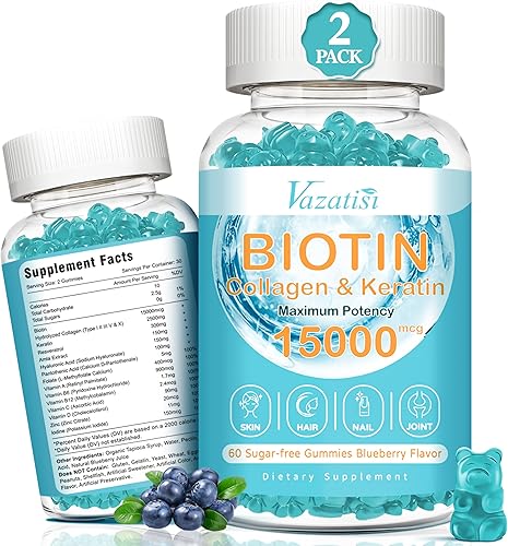 Gomitas de biotina con colágeno, para el cabello, la piel y las uñas, vitaminas para el crecimiento del cabello, piel brillante y uñas fuertes,