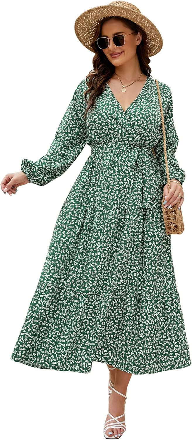 KOJOOIN Womens V Neck Wrap Maxi Dress High Waist Long Sleeves Ruffle Hem