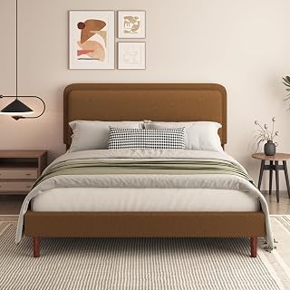 Queen Size Boucle Platform Bed Frame with Adjustable Headboard, Upholstered Cloud Bed, Solid Wooden Legs, Easy Assembly, No Box Spring Needed, Brown - Amazon product rated Grade A
