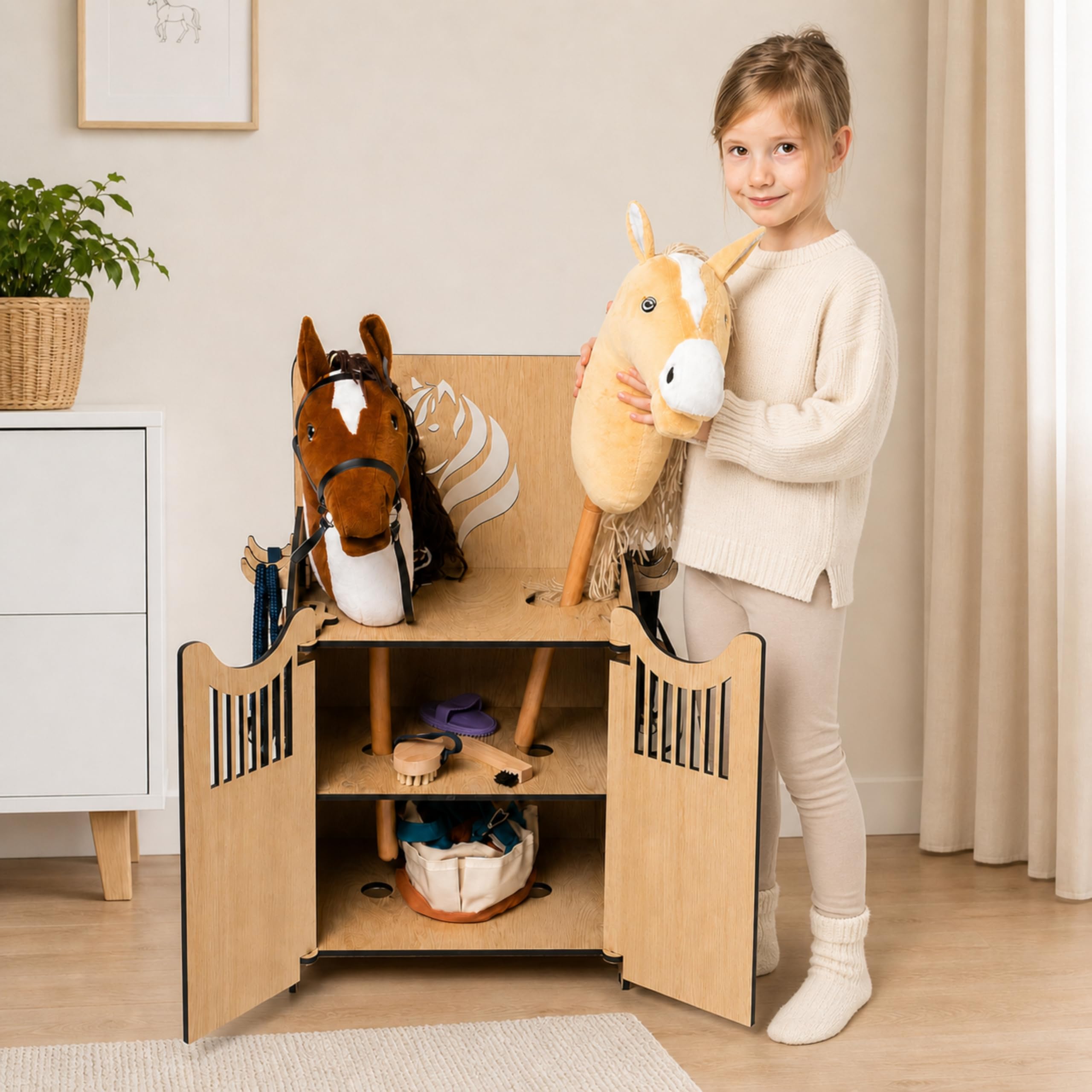 Hobby Horse Stall 2 Pferde – Praktische Halterung für Steckenpferde | Hochwertiger Hobby Horsing Pferdestall Holz mit Türen, Haken & Stecksystem | Designed in Germany – Stabil & Nachhaltig
