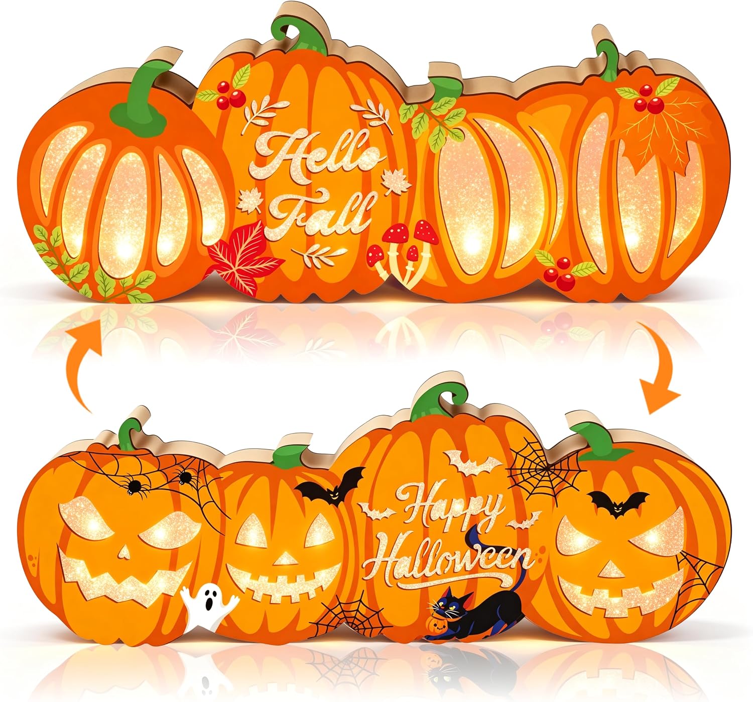 Fall Thanksgiving Halloween Pumpkin Wooden Lighted Double Side Table Decor