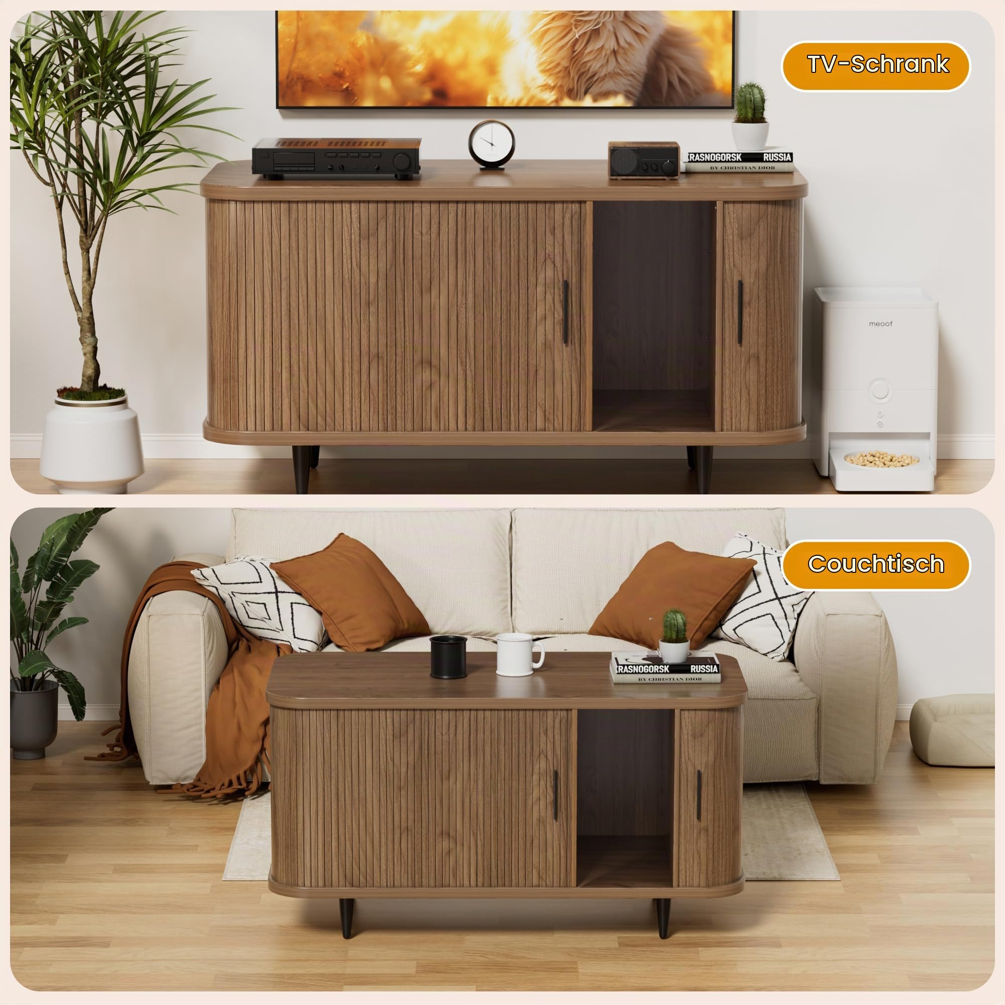BACEKOLL Katzenklo Schrank mit Rollo-Tür Design, Mid-Century Katzenschrank Holz für große Katzen, Versteckte Katzentoilette mit Stauraum & stabilen Metallbeinen, 105 x 50 x 58 cm, Walnuss