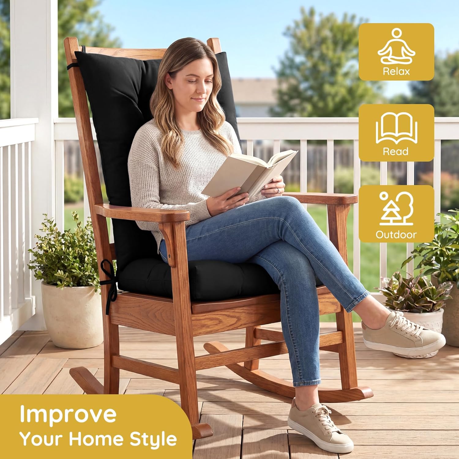 Rocking Chair Cushion Premium Tufted Pads with Ties Indoor/Outdoor Thick Linen Chair Pads Non-Slip Chair Pads for Elderly Sitting 17×17 inch (Waterproof-Blake)