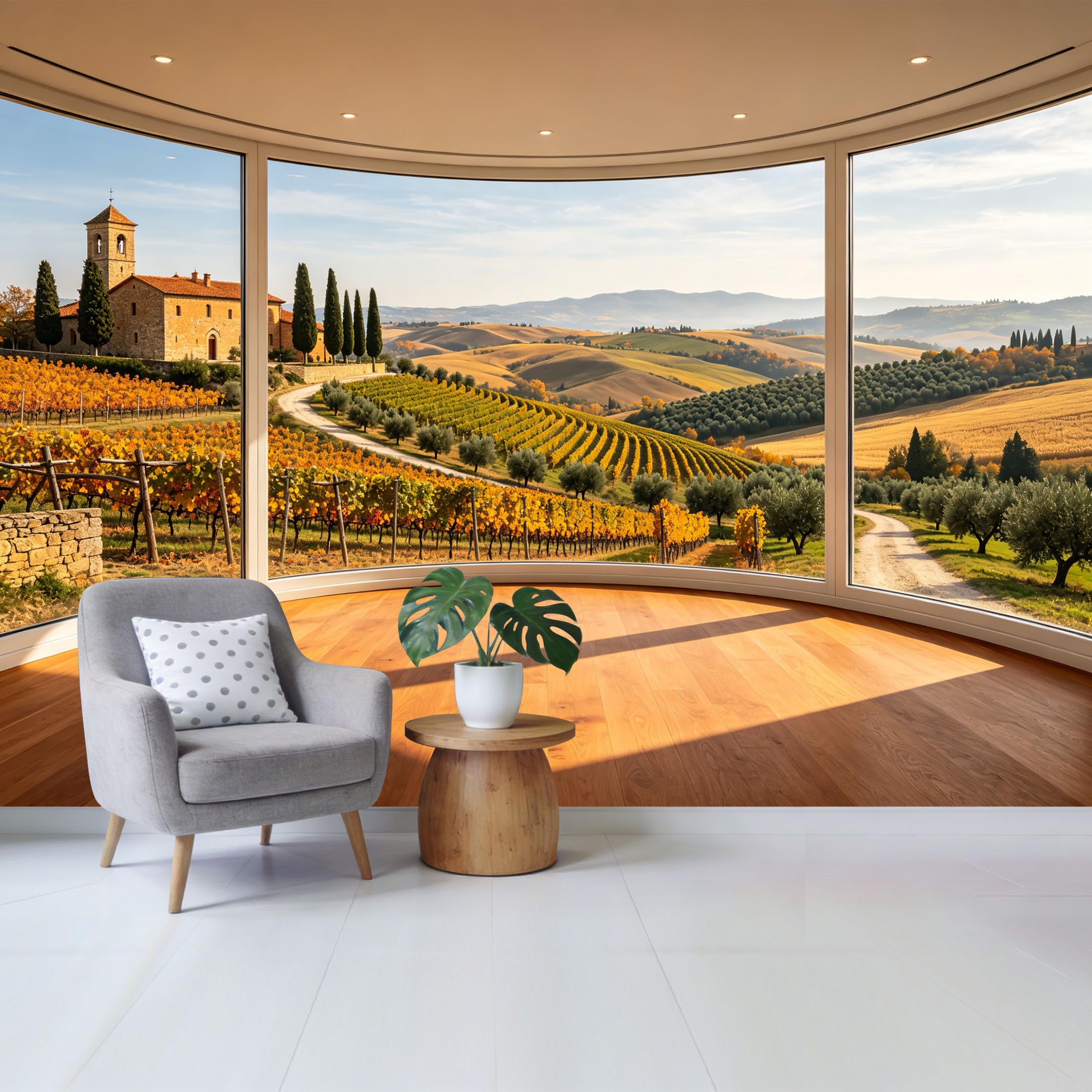 Removable Self Adhesive Fabric Mural， Tuscan Vineyard Landscape Custom Size Wall Covering， UV Protected Waterproof Washable Wall Decor for Living Room Bedroom Bathroom