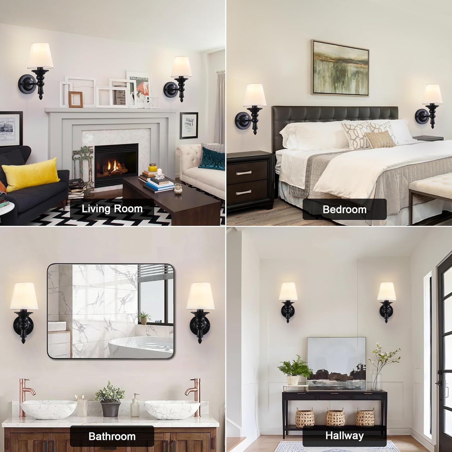 Sconces Wall Decor Set of 2, Vanity Lights for Bathroom Over Mirror, Wall Lights for Bedroom Living Room Hallway Front Porch Decor, Wall Lamps Light Fixtures, Candle Sconces with Fabric Shades, Black