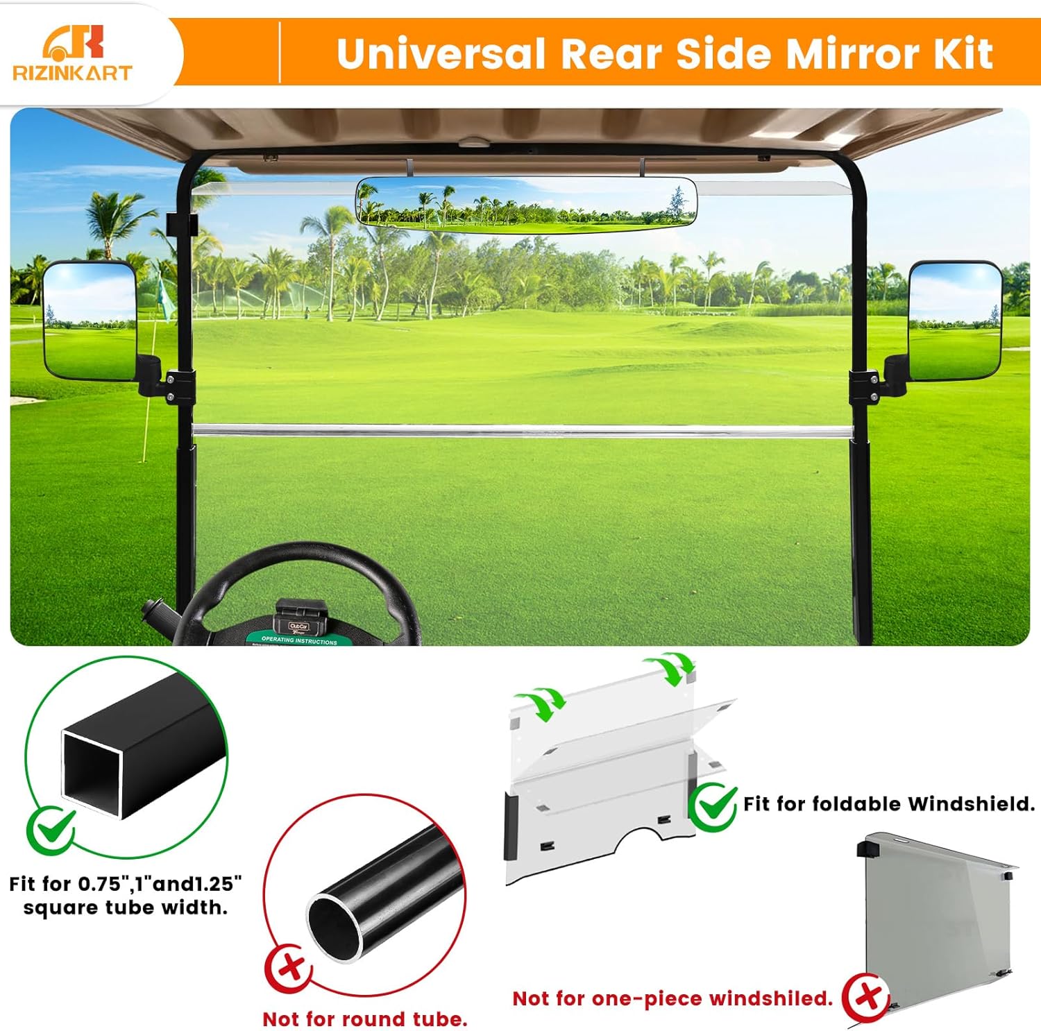 Golf Cart Mirrors Kit, 180 Degree Rotation Side Mirrors & Panoramic Convex Rear View Mirror Universal fit EZGO, Club Car, Yamaha,Shatterproof HD-Glass Mirrors Golf Cart Accessories
