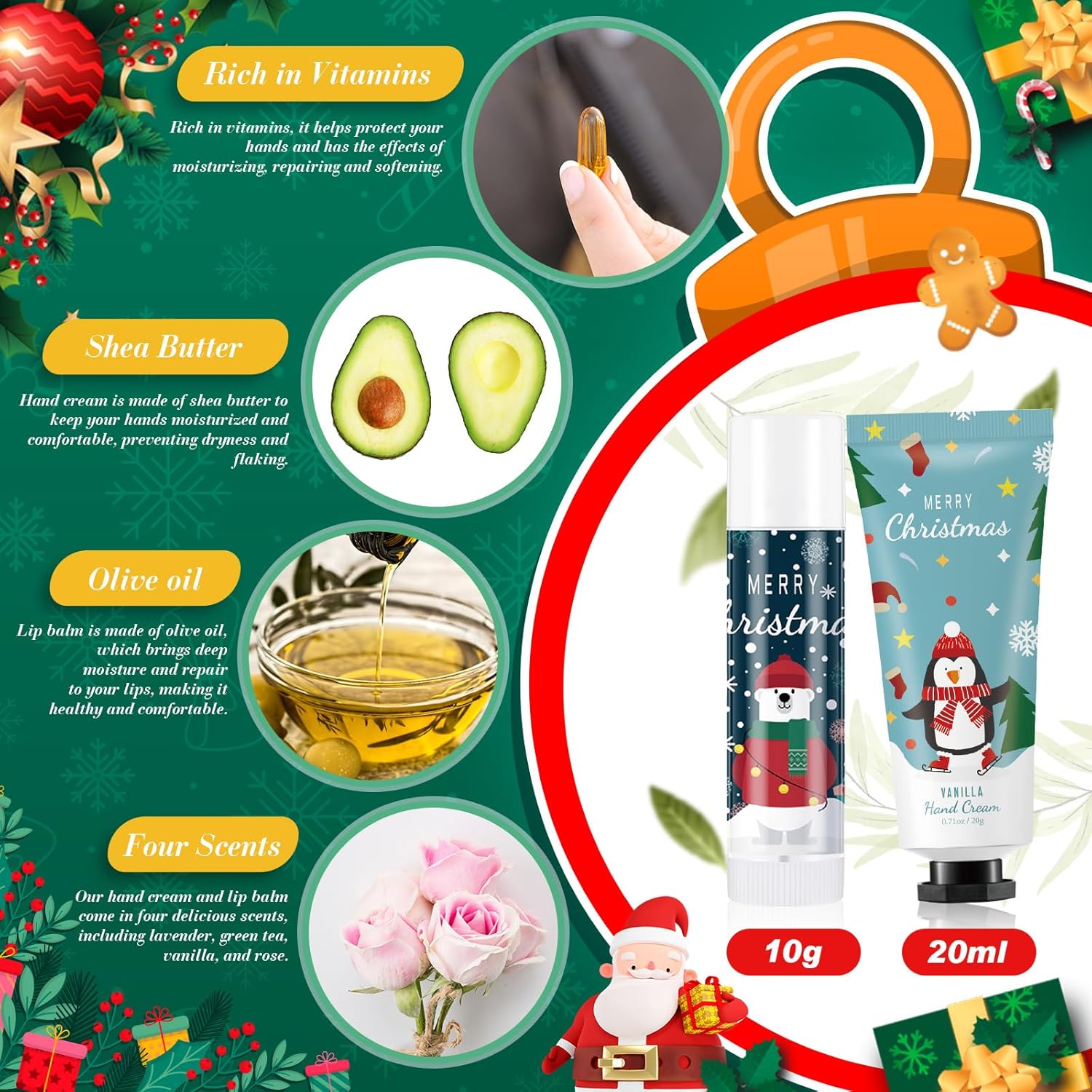 24 Set Christmas Hand Cream Gift Set, Including Moisturizing Hand Lotion, Xmas Lip Balm, Gauze Bags, Thank You Cards Natural Fragrant Bulk Christmas Gifts for Coworkers Employees Stuffers