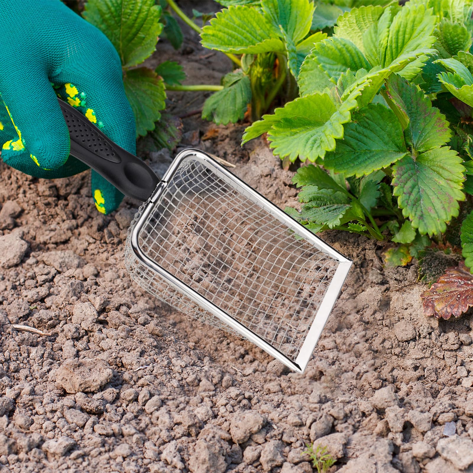Yitexin Cribas de arenaifter de Acero Inoxidable con manija y 2 Gancho Negro, tamiz para Tierra de Jardin 3,8 mm/5 mm para Rocas Compost Grava Granja Filtro de la Basura del Gato (Plata)