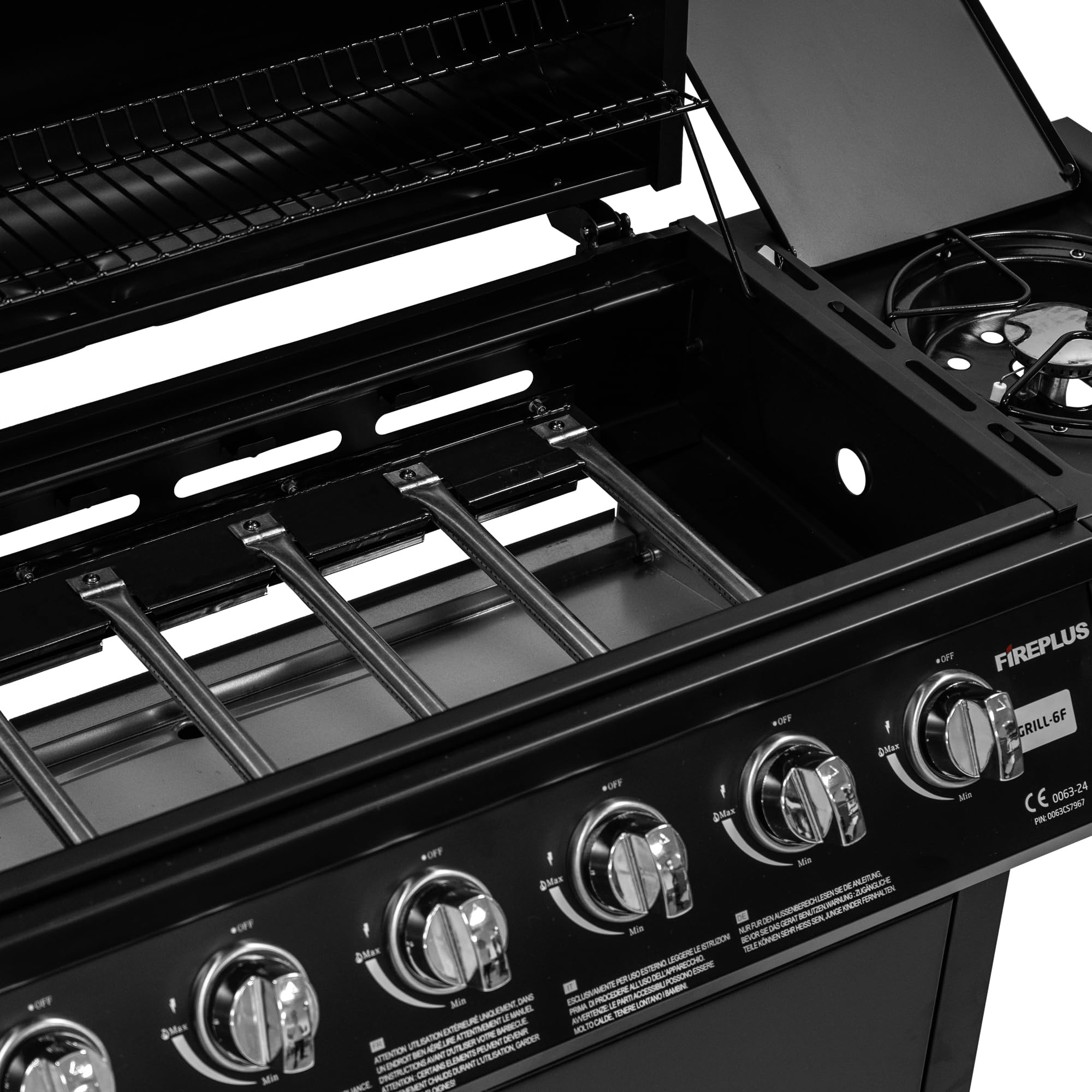 Amig - Barbacoa de gas Fireplus 6+1 de 12,9 kW - Acero inoxidable Negro - Parrilla con ruedas Modelo GRILL-6F - Barbacoa XXL con carro y termómetro - 138x52x103 cm - 7 quemadores y Bandeja lateral