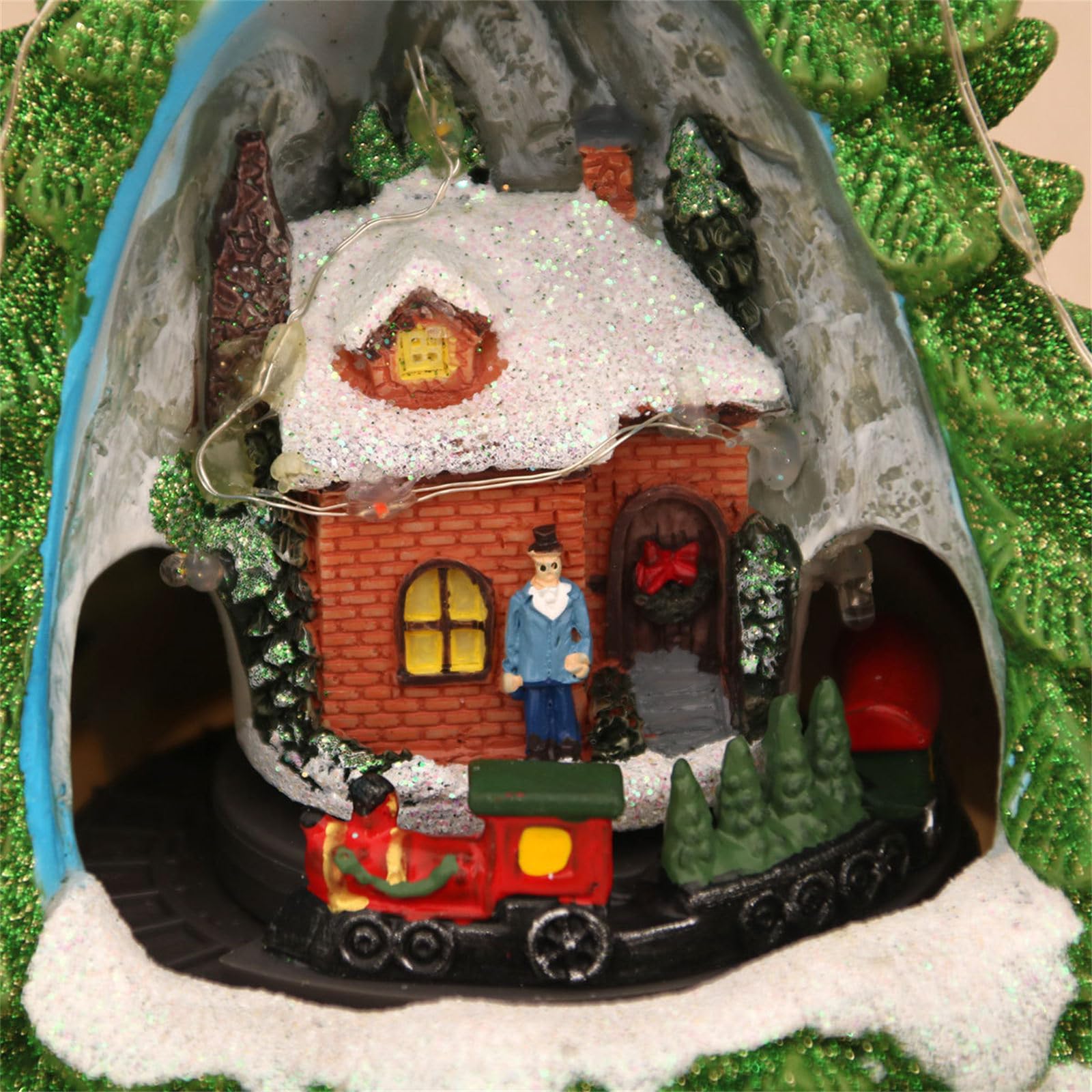 Carillon a forma di albero di Natale, con treno, in resina, con luci a LED, per uomini, donne, bambini, regalo di compleanno, villaggio, edificio in resina con luci a LED
