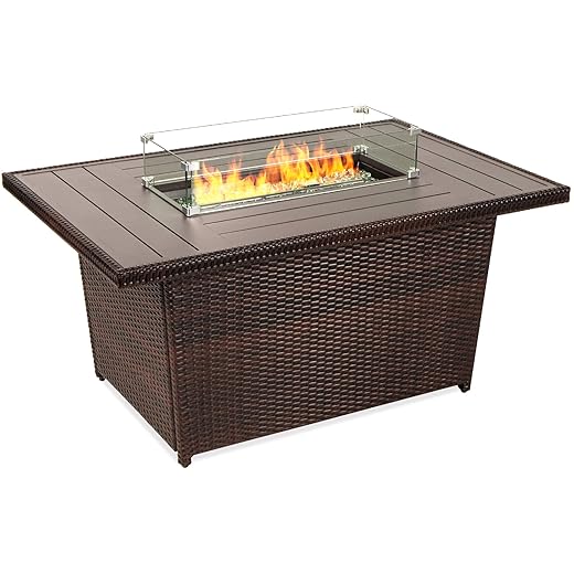 Best Choice Products 52in 50,000 BTU Outdoor Wicker Patio Propane Gas Fire Pit Table w/Aluminum Tabletop, Glass Wind Guard, Clear Glass Rocks, Cover, Slide Out Tank Holder, and Lid - Brown