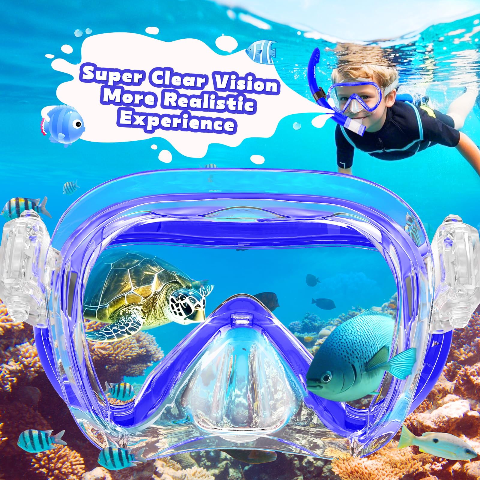 SkrekuiMa Maschera Subacquea Bambini per 4-14 Anni, Set Snorkeling Bambino con Maschera Subacquea e Boccaglio per Snorkeling e Immersioni, Maschera da Sub Antiappannamento e Anti-Perdite