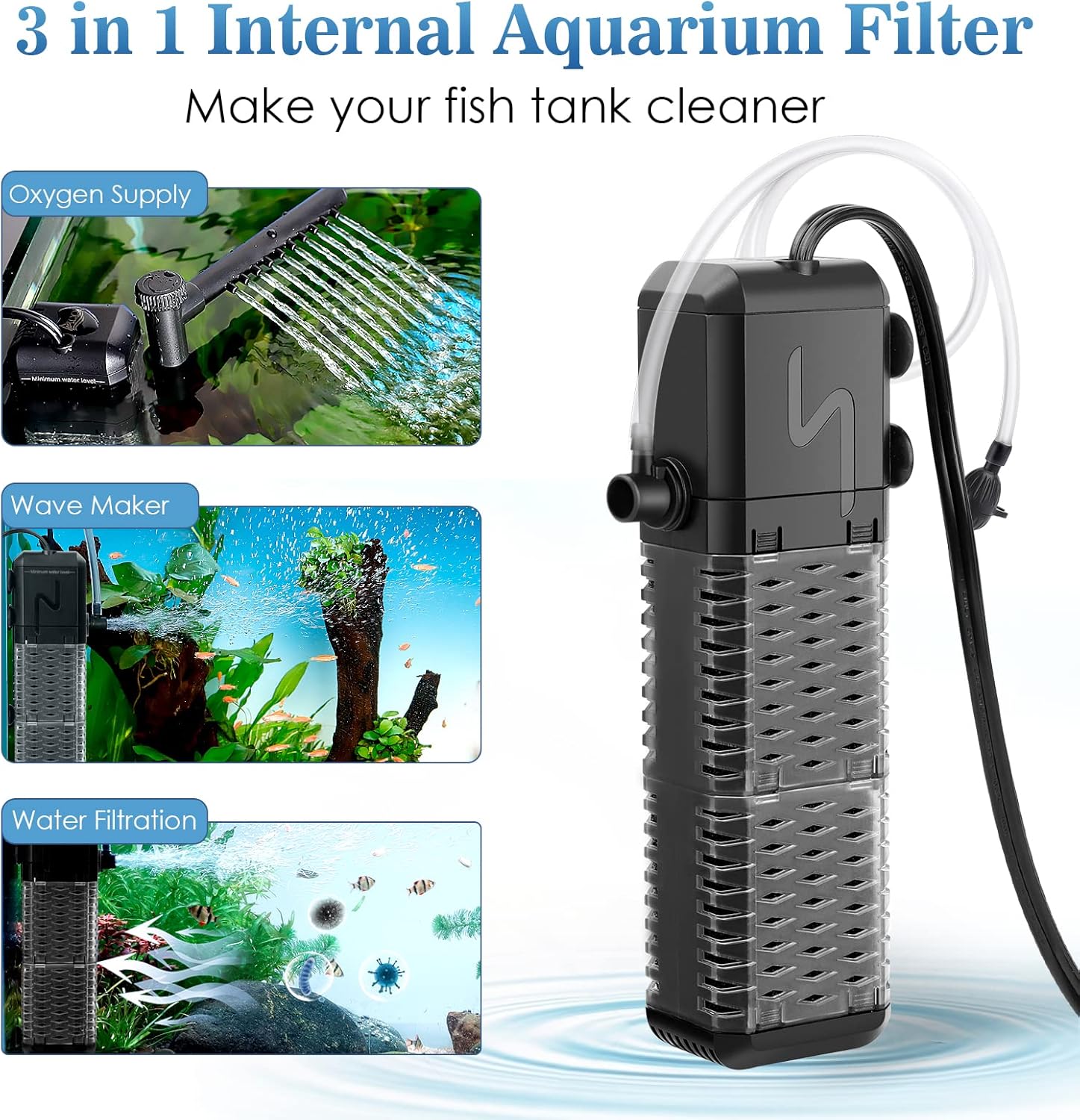 AQQA 3-in-1 Internal Aquarium Filter showing oxygen supply, wave maker, and water filtration functions.