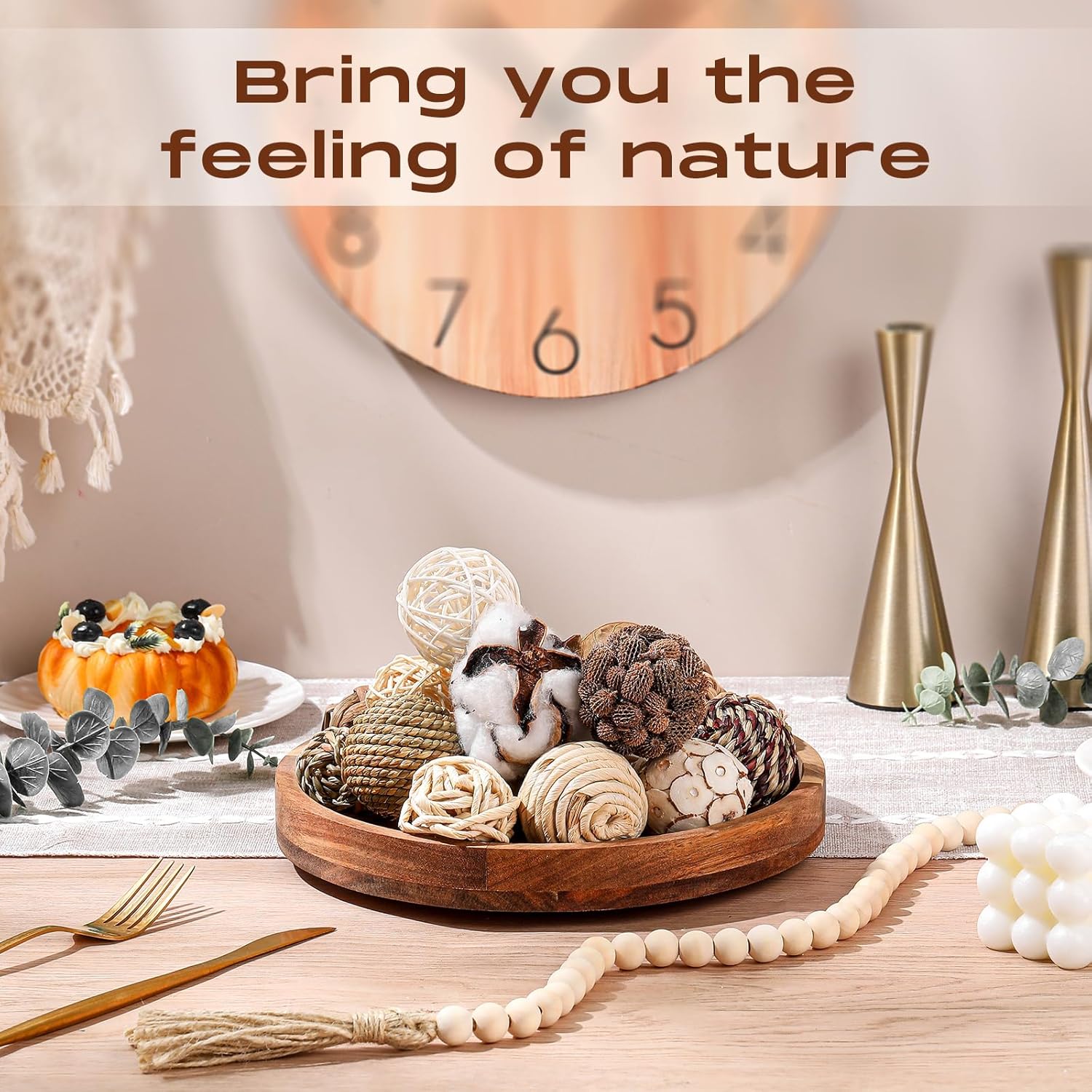 Halloscume 25 Pcs 3.15 and 1.97 Inch Decorative Balls, 20.9 Inch Garland Wood Beads Rattan Wicker Balls with Spheres Orbs Filler for Garden Table Vase Bowl Filler Centerpiece(Wood,Wicker Rattan)