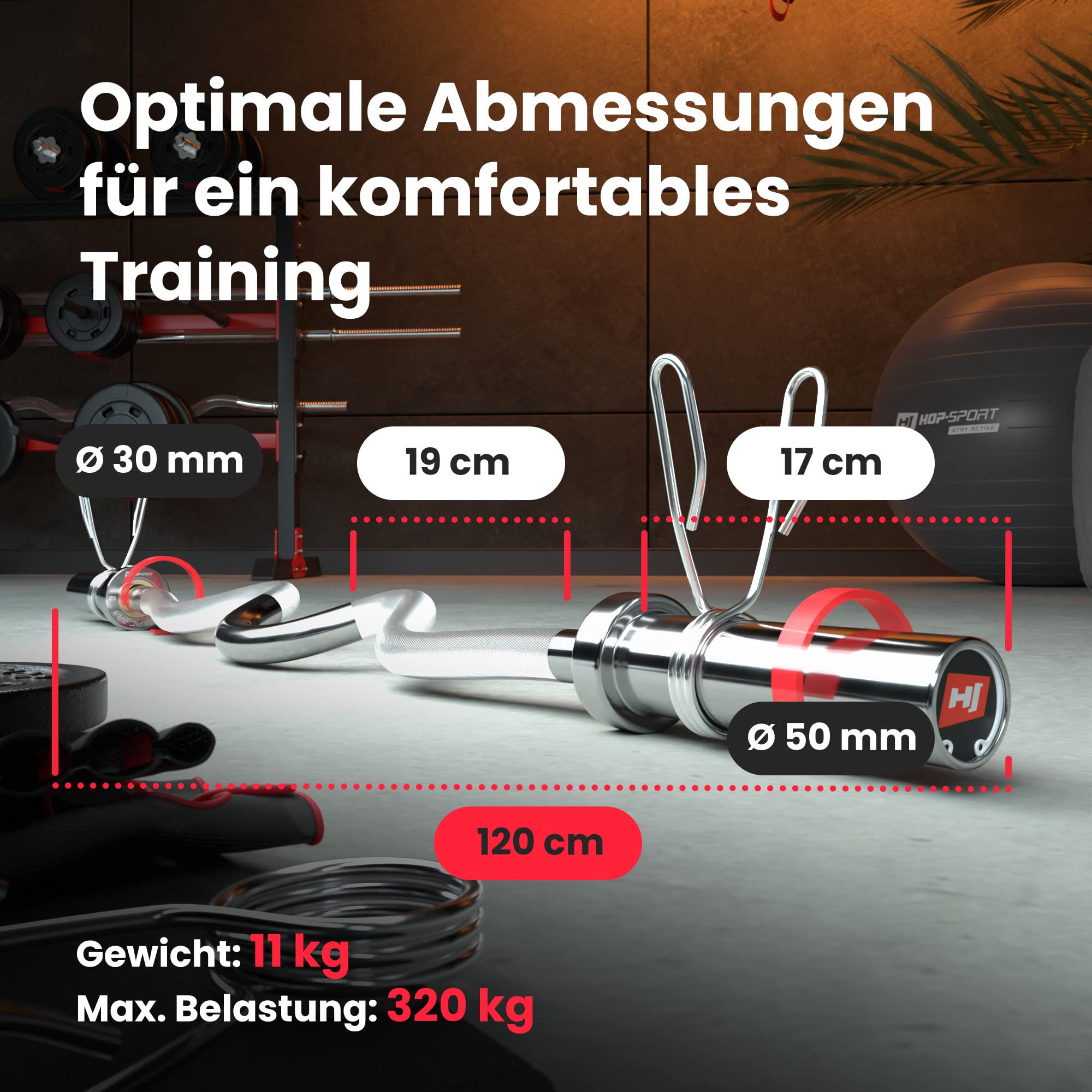 Hop-Sport Olympia Hantelstange mit Federverschlüssen, 50mm, Verchromter Stahl, Hochwertige Langhantelstange für effektives Krafttraining, 320 kg Max. Belastbarkeit