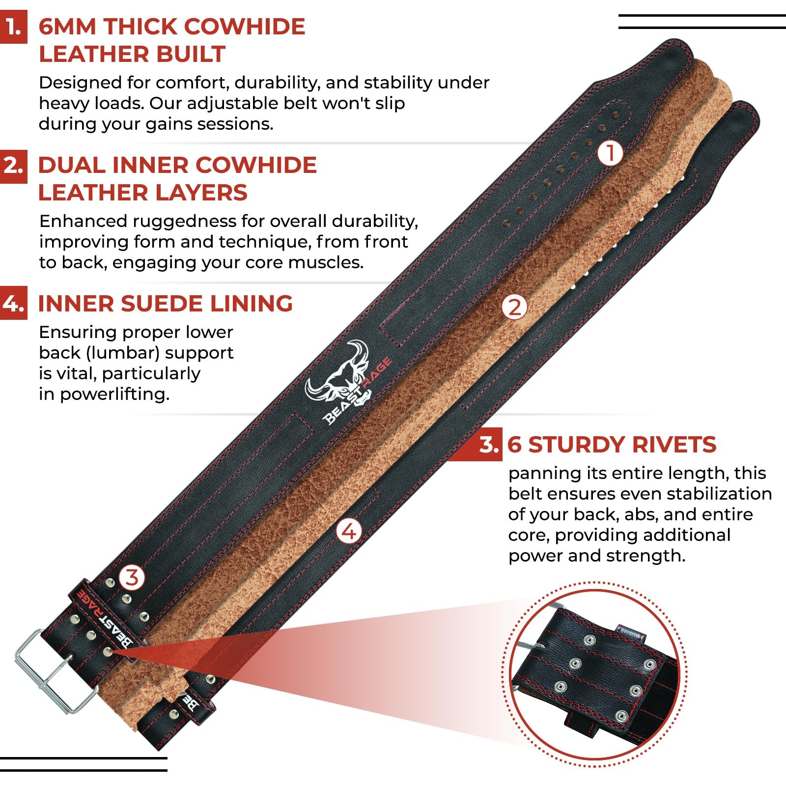 Cintura Sollevamento Pesi BEAST RAGE - In Pelle 5 Mm, Larghezza 10 Cm, Supporto Fino A 600 Lbs - Per Powerlifting E Palestra - Foto 9