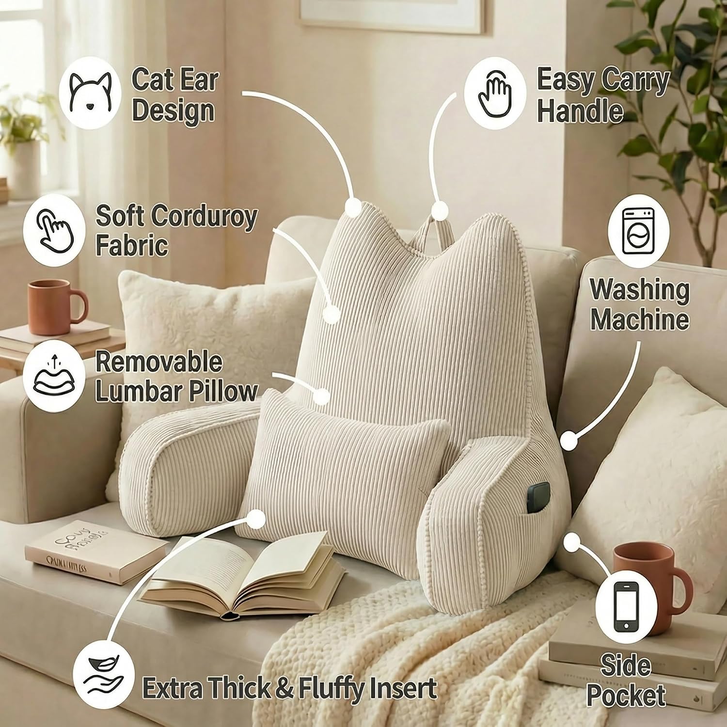 Patented Design Reading Pillow with Arms for Sitting Up, 2-in-1 Bed Rest Pillow with Detachable Lumbar Support, Backrest Support Cushion for Couch with Side Pockets & Handle, Beige Gray