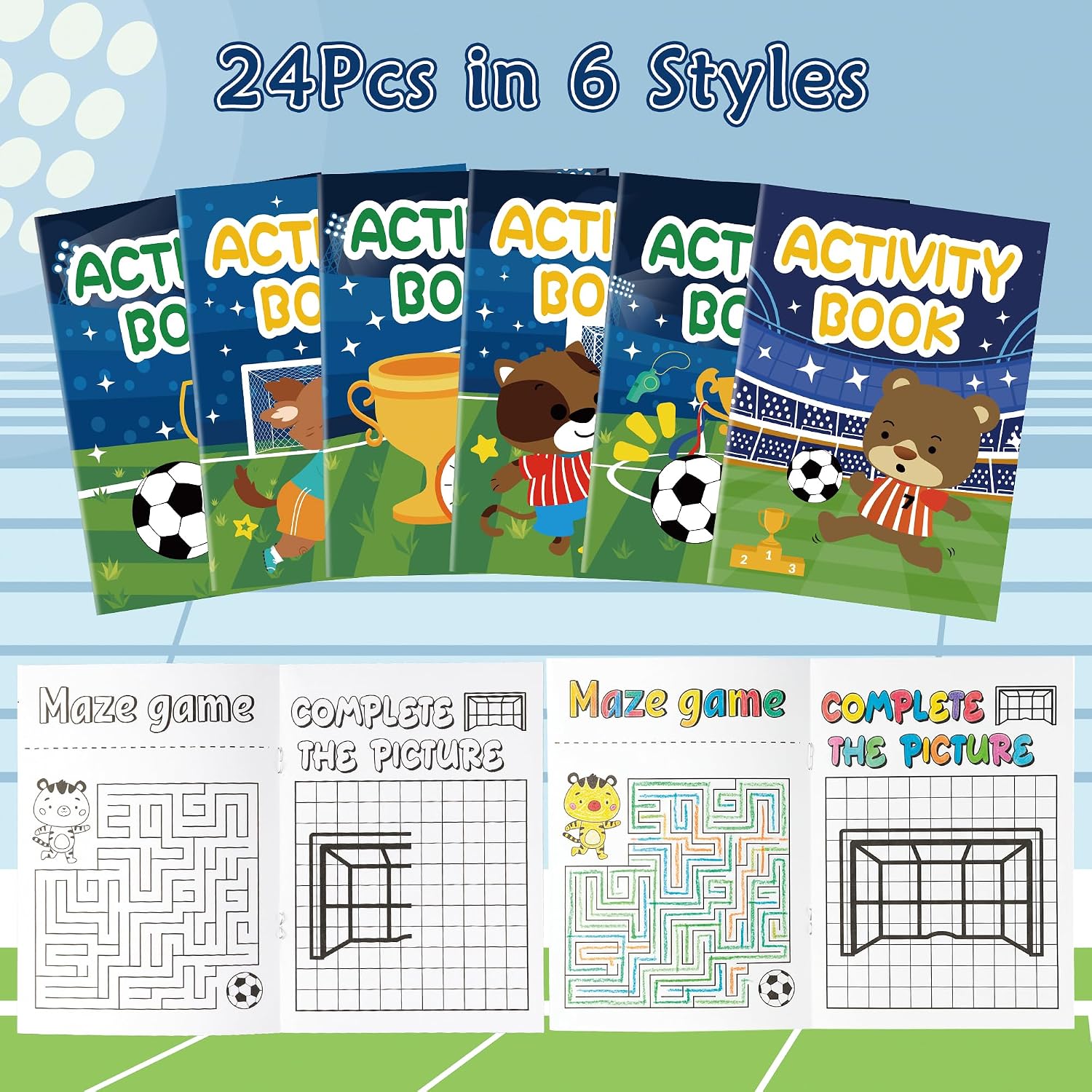 24Pcs Soccer Activity Books Football Mini Fun Games Coloring Book | Sport Goal, Animals, Party Favor, Goodie Bag Stuffers, Birthday, Classroom Rewards, School Supplies, for Kids, Gift in Bulk