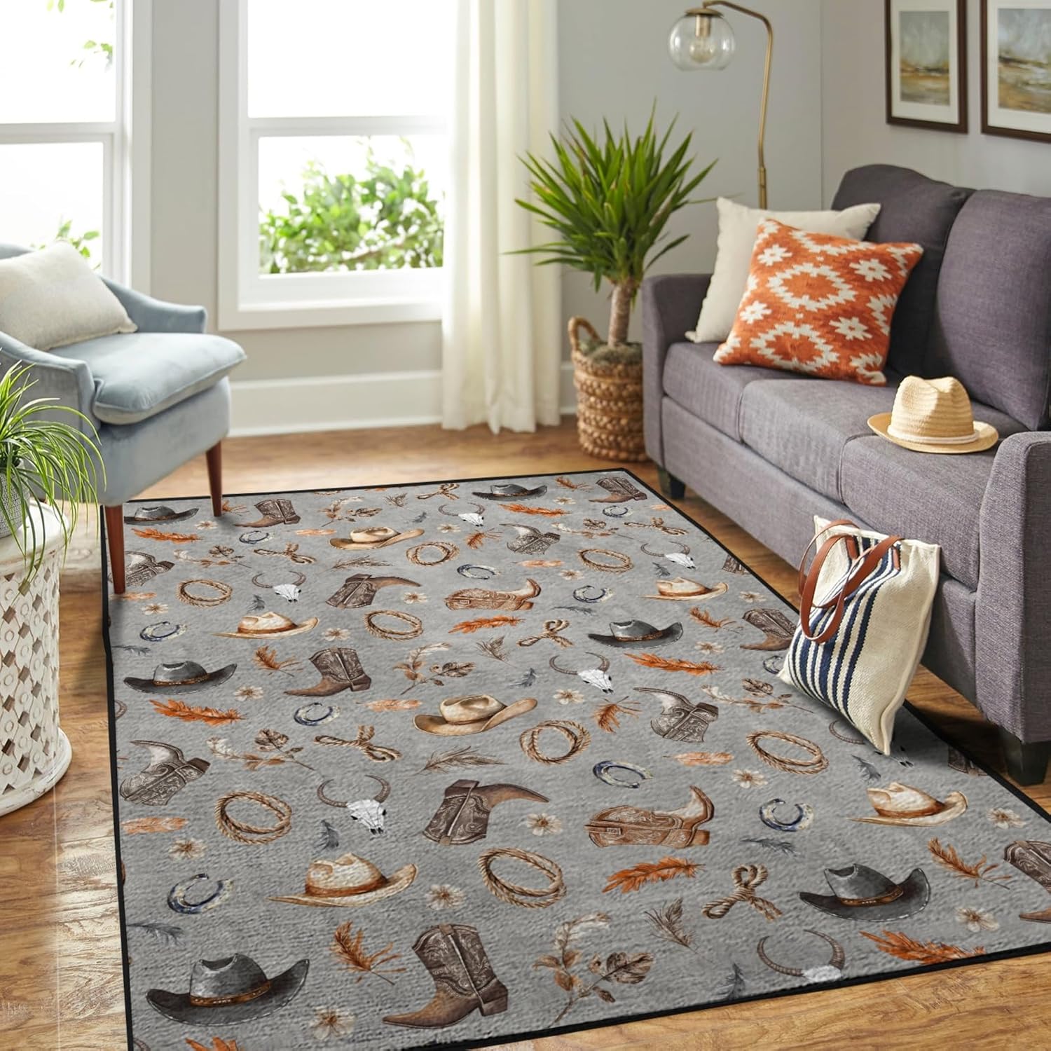 Cowboy Life Area Rugs Retro Cowboy Hats Boots Horse Cow Skull Floor Mats Country Western Throw Carpets for Kids Nursery Bedroom Living Room Bathroom Kitchen Classroom Playmat