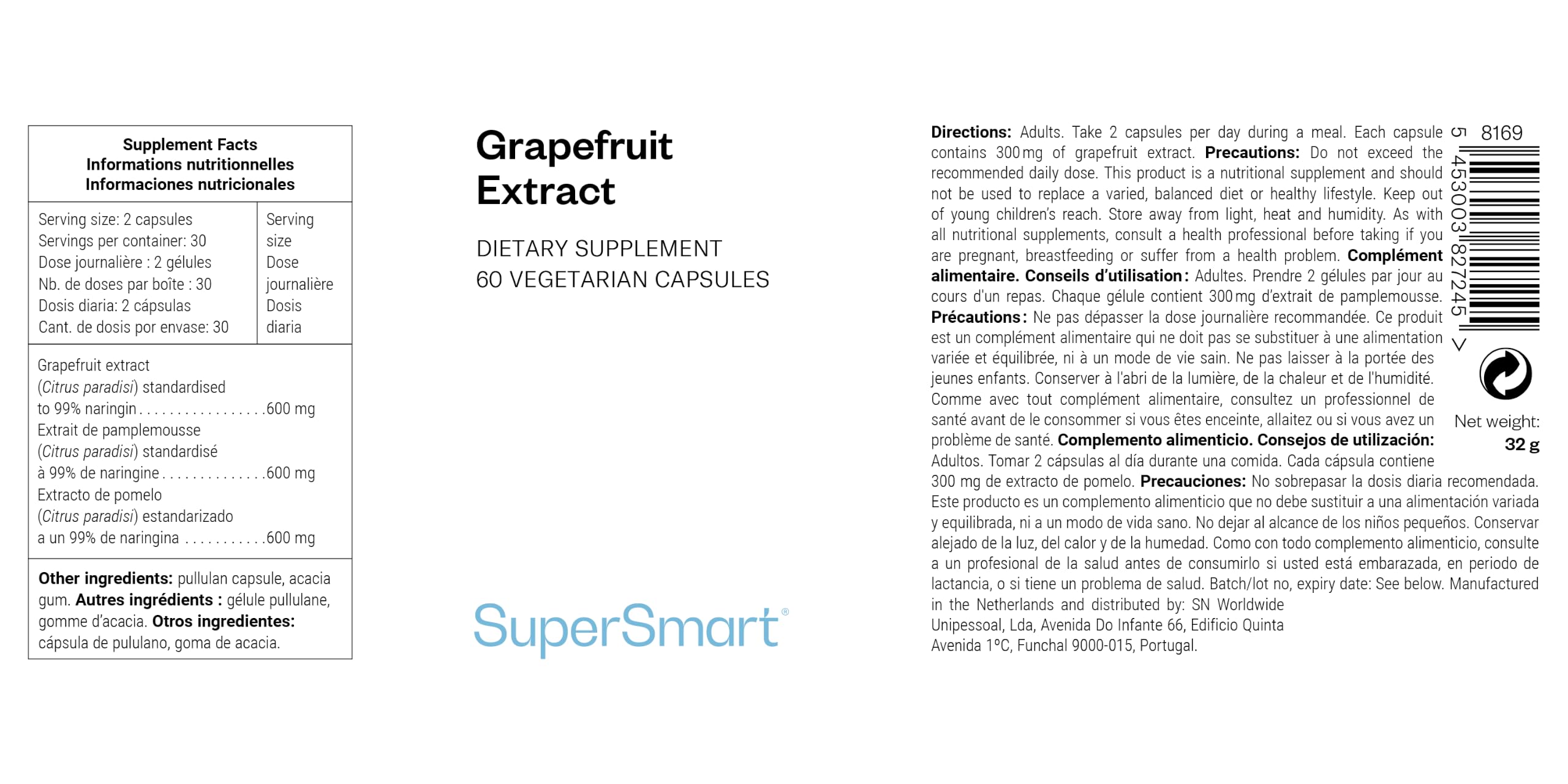 SuperSmart – Grapefruit-Extrakt aus der Schale – Standardisiert auf 99 % Naringin – Vegan – Glutenfrei – 60 Kapseln