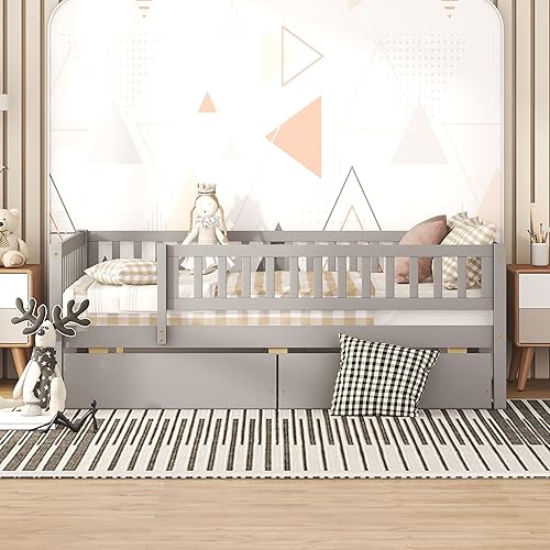 Miniatura 3 de Merax Sofá cama de tamaño matrimonial con cajones, marco de cama matrimonial de madera, no necesita somier, gris