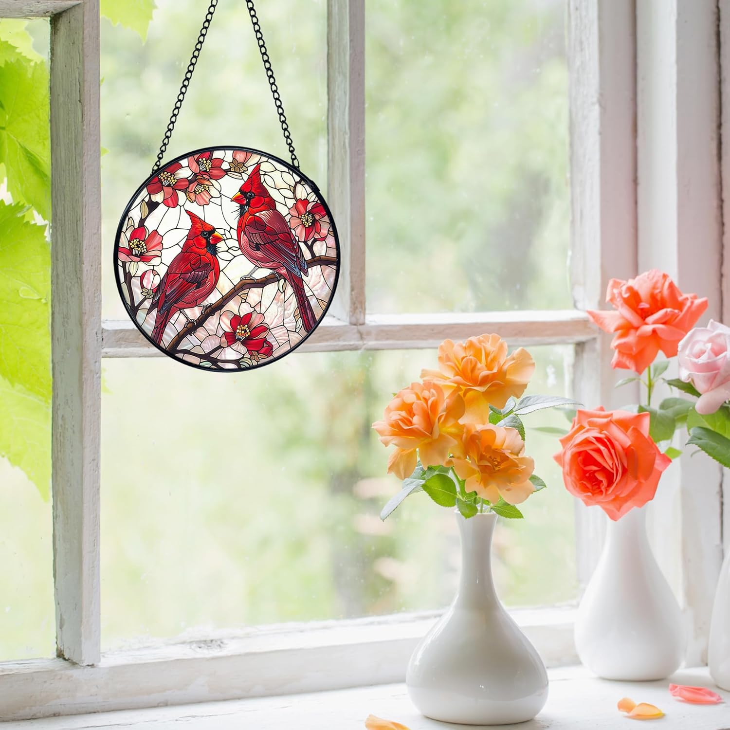 Cardinal Bird Stained Glass Window Hanging, Red Cardinal Flower Sun Catchers Indoor Window Round Glass Wall Art Decor, Bird Suncatcher Wall Hanging Decorations, Gardening & Lawn Care
