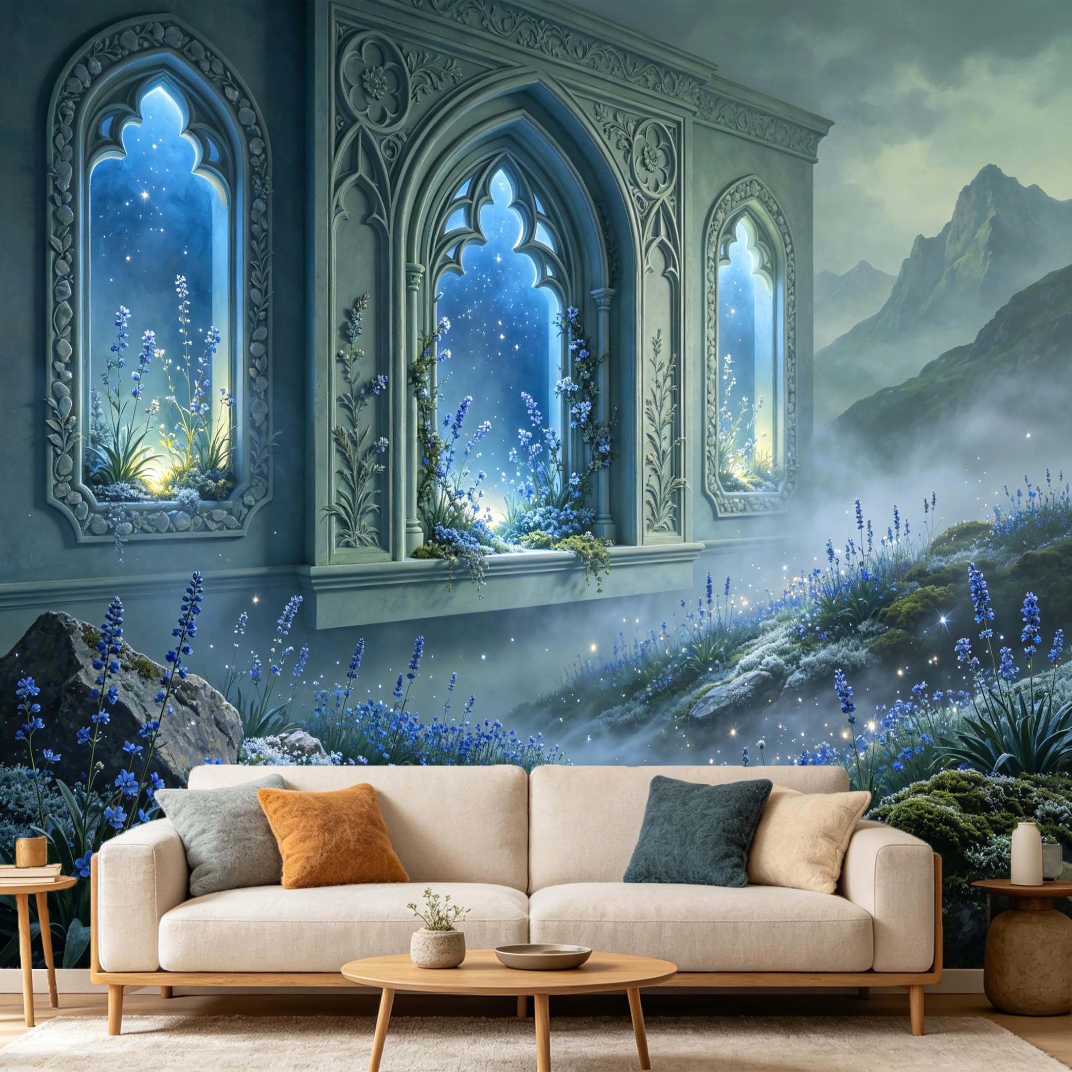 Custom Size Wall Mural， Gothic Arch Architecture Misty Mountain Blue Flower Fantasy， SelfAdhesive Art Prints wall Fabric Removable Large Wallpaper Home Living Room Decor