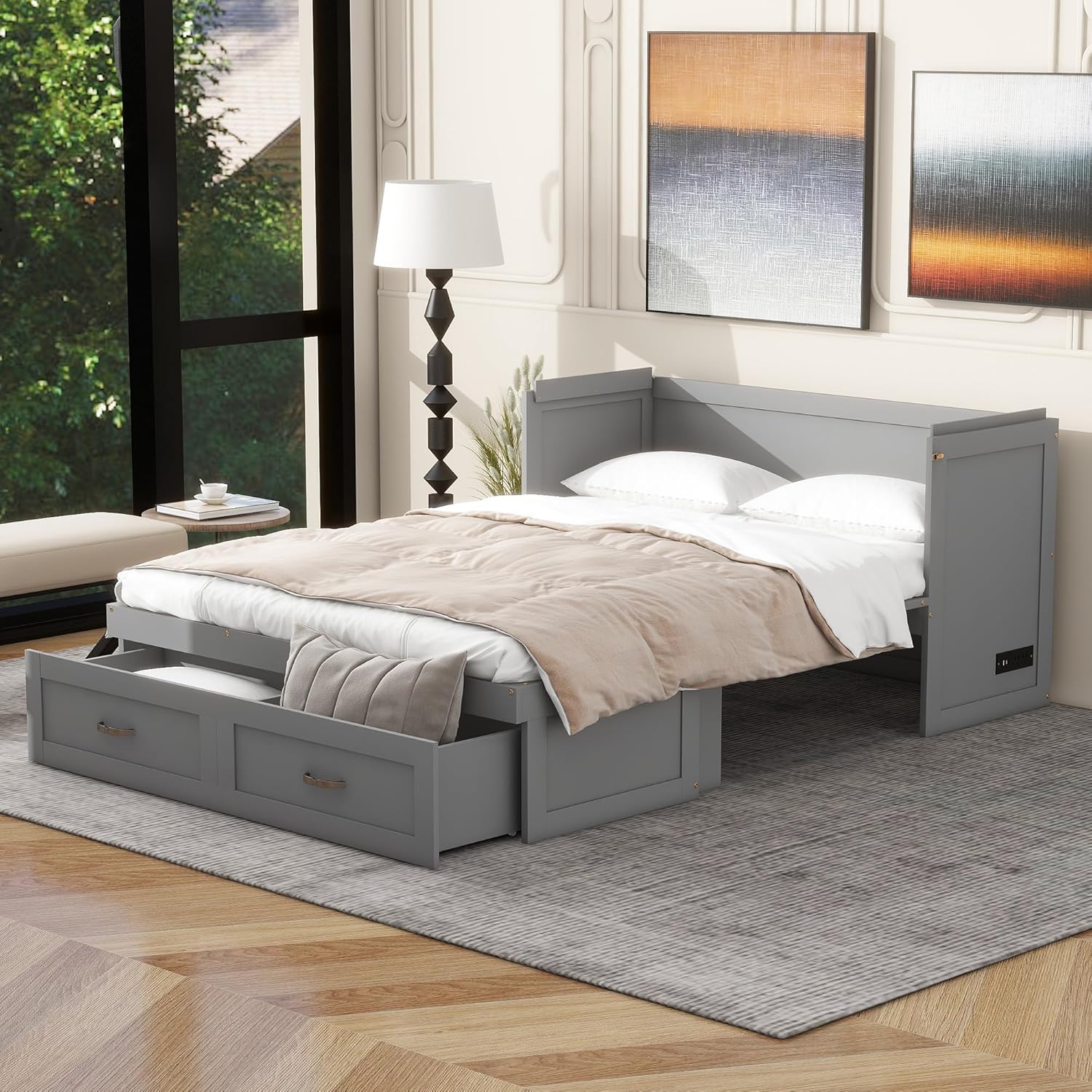 Merax Murphy Bed with USB Ports, Large Drawers and Metal Handles, Full Size, Gray