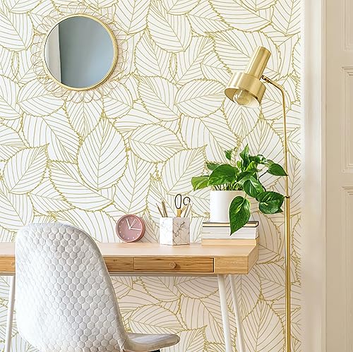 Miniatura 3 de Kitico Papel tapiz de 17.7 pulgadas x 118 pulgadas, papel de contacto dorado, hojas bohemias, autoadhesivo, impermeable, para pared y hogar
