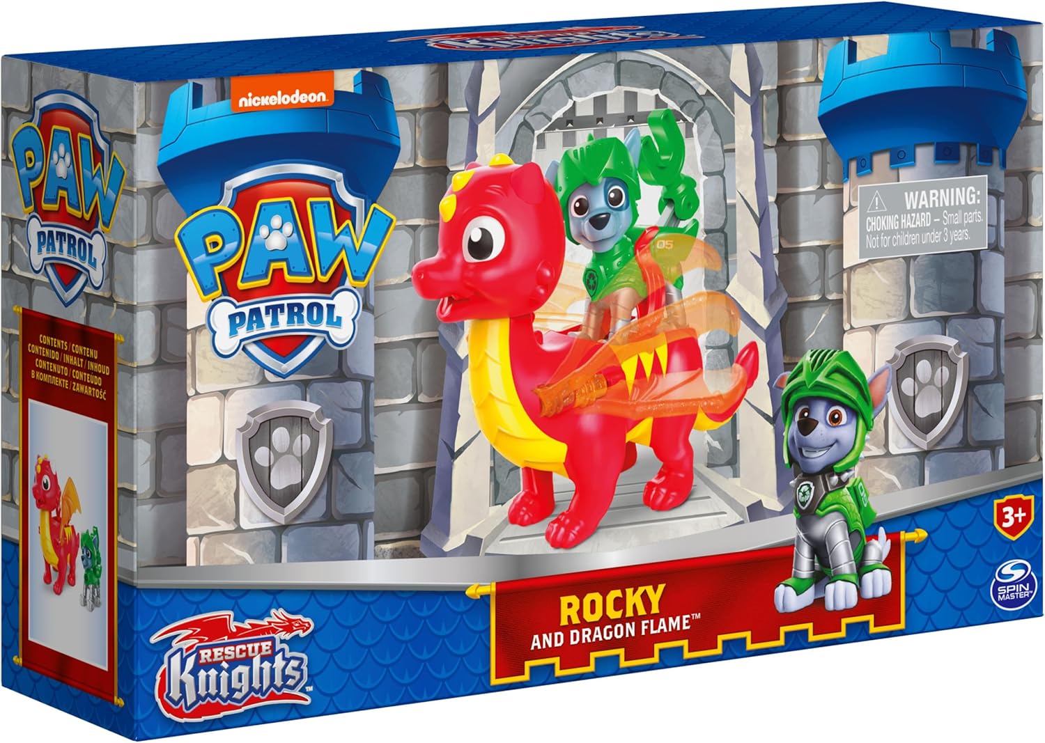 Paw Patrol, Rescue Knights Rocky and Dragon Flame Action Figures Set, Kids Toys for Ages 3 and up