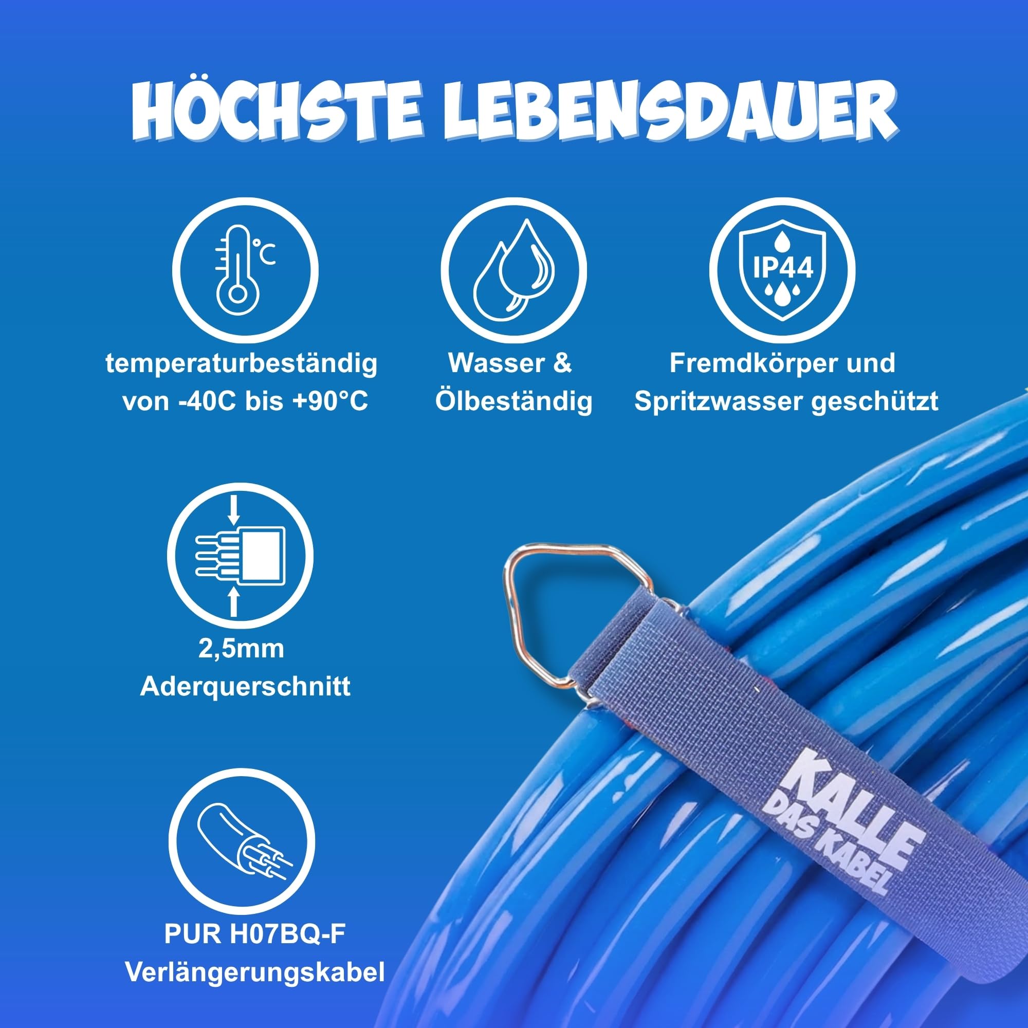 KALLE DAS KABEL CEE Verlängerungskabel 230V 16A – H07BQ-F 3G 2,5 mm², CEE Stecker auf CEE Winkelkupplung mit Schukosteckdose & LED Spannungsanzeige, IP44, Signal Blau, Camping Caravan 20 Meter