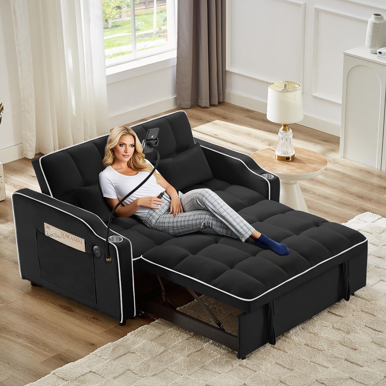KINFFICT Sleeper Sofa Couch Bed with Phone Holder, Modern 3-in-1 Convertible Velvet Pull Out Loveseat Futon Sofa with USB & Type C Port & Cup Holder