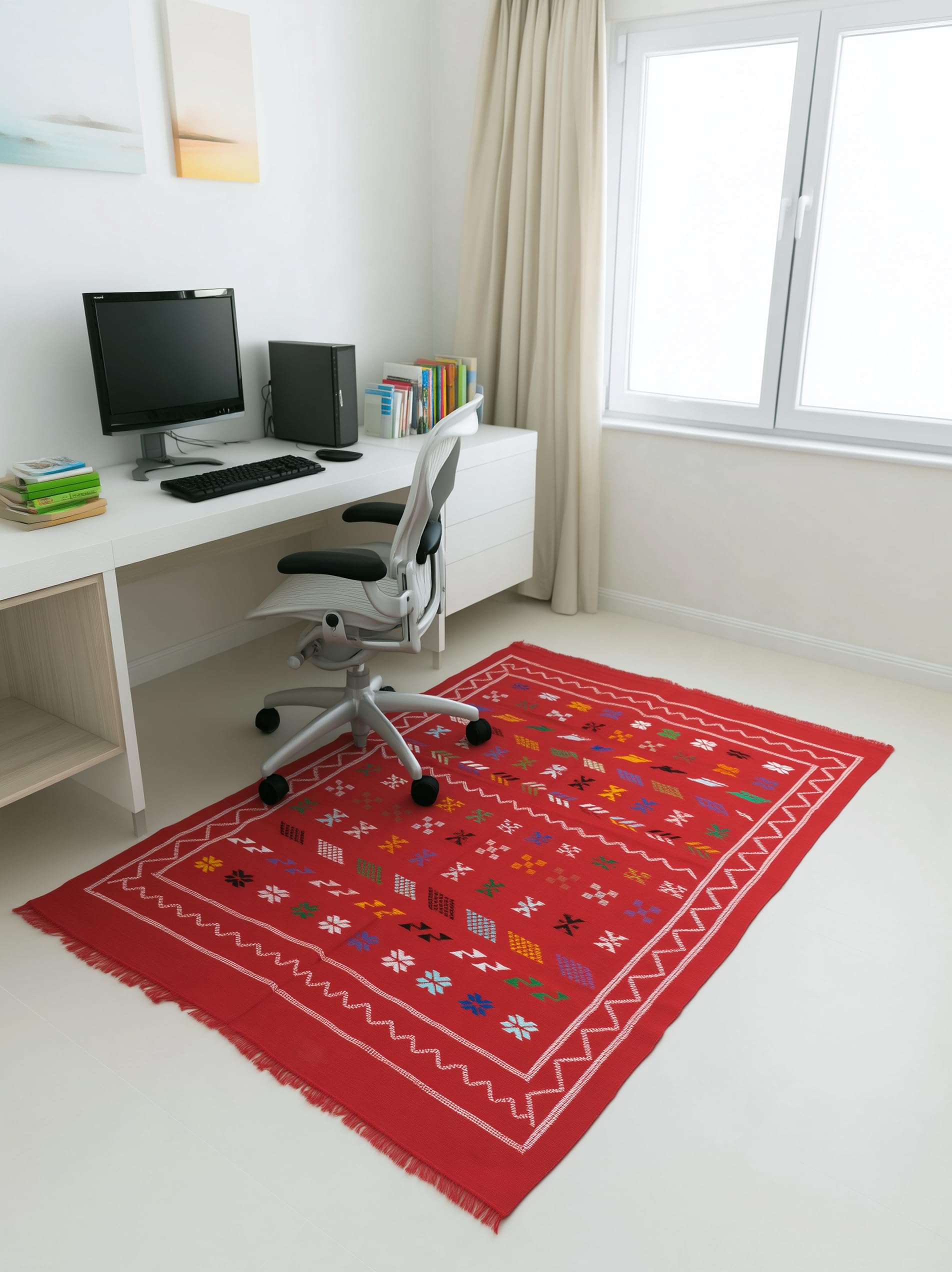 Tapis Berbère Marocain Rouge Vif 2 - Tapis Kilim Tissé Motifs Ethniques Multicolores Bordure Zigzag - Tapis Franges - Style Boho Chic pour Salon