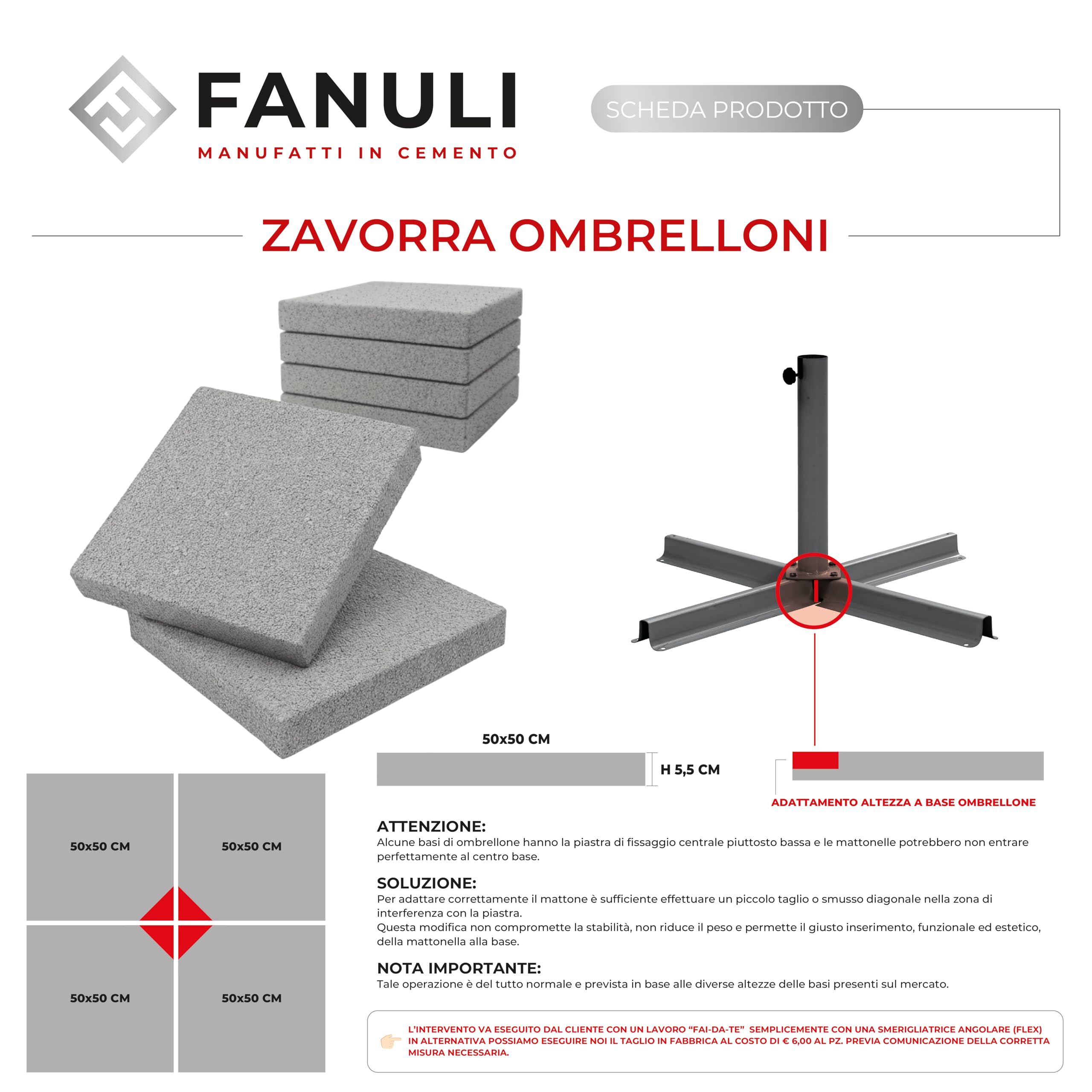 Fanuli Manufatti Set 4 Basi Ombrellone in Cemento 50x50 – Mattoni Pesanti Grigi 40 kg Cadauno – Totale 160 kg – Zavorra Ombrelloni E Gazebo – Made in Italy (4, Pesante Grigio)