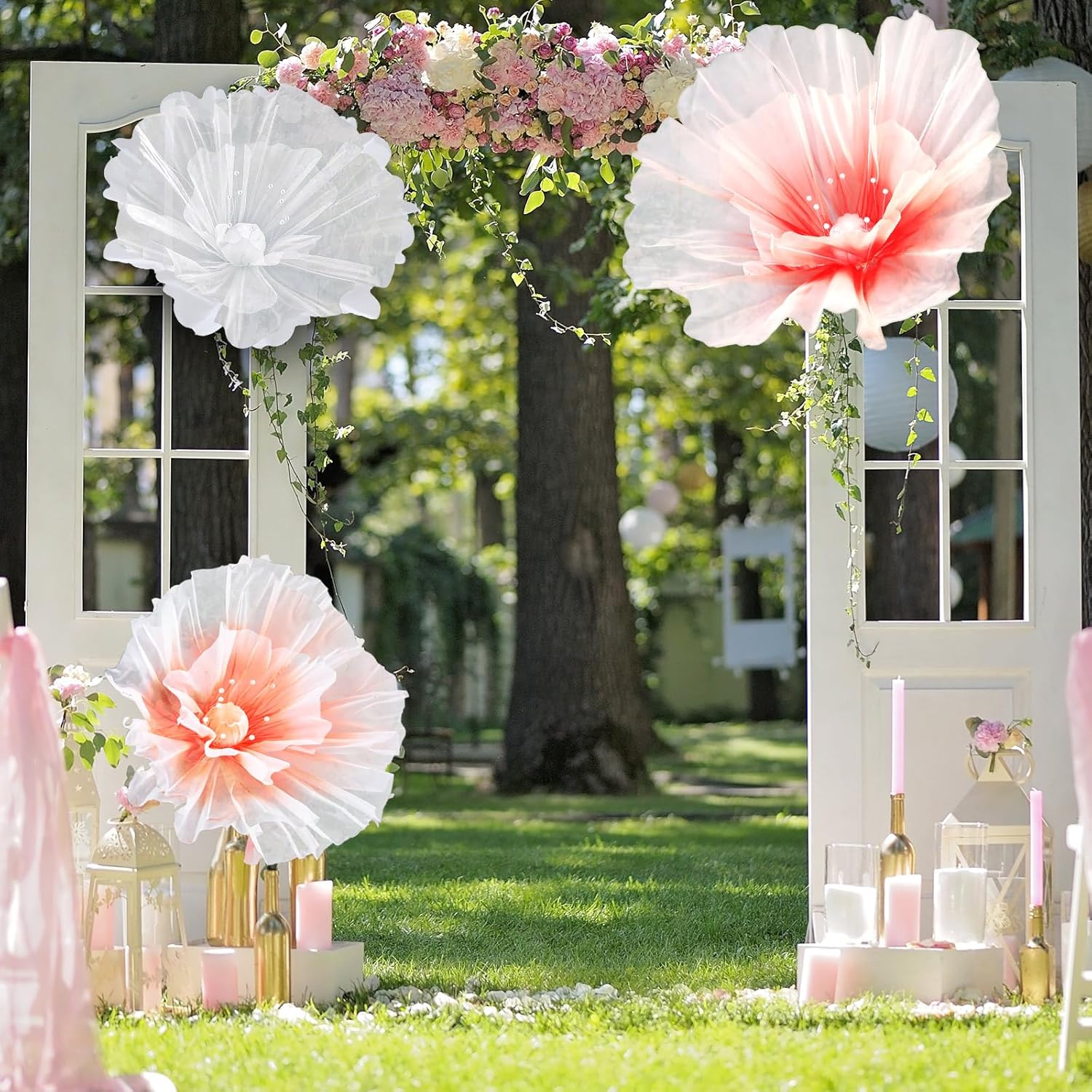 Havawish 3pcs Giant Flowers for Wedding Backdrop, Large 3D Gauze Artificial Flower Decorations for Wedding Ceremony Reception, Bridal Shower, Baby Shower, Photo Booth Party Decor, White, Orange, Pink