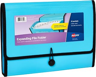 Avery Expanding File Folder Organizer, 13-Pocket Accordion File Organizer, Aqua, Holds 425 Letter/A4-Size Sheets (73554)