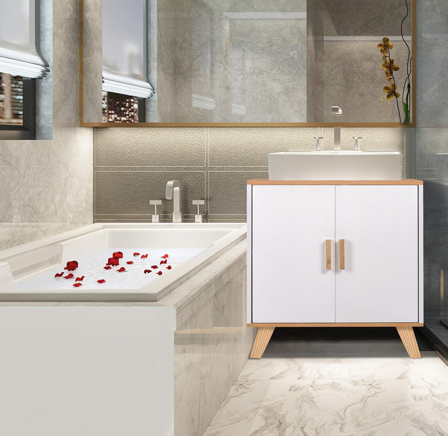 The under-sink cabinet placed in a modern bathroom setting next to a bathtub.