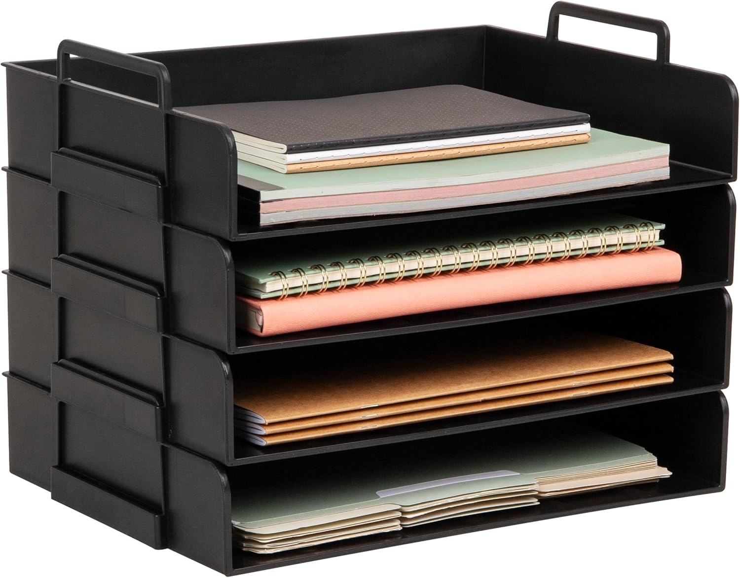 Mind Reader Stackable Paper Tray, Desktop Organizer, File Storage, Office, Plastic, 13.75" L x 10" W x 10.75" H, 4 Pcs., Black