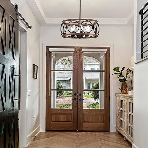 Miniatura 7 de Lámpara colgante de tambor de granja de 6 luces, 19.7 pulgadas, textura de madera natural, candelabros rústicos vintage, lámparas colgantes