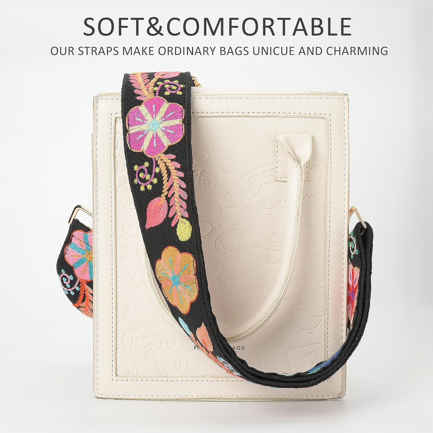 Snycler Wide Purse Straps Crochet Flower Replacement Crossbody for Handbag Adjustable 33-53inch Embroidery Knit Guitar Shoulder Strap (boho13-black) - Image 5