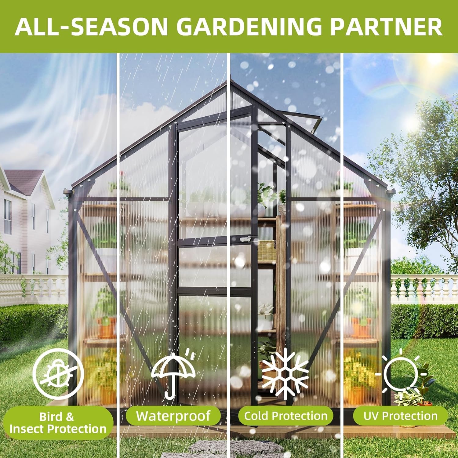 Superlele Heavy Duty Walk-in Greenhouse for Outdoor, 6x4FT Polycarbonate Greenhouse with Heavy Duty Aluminum Frame, Lockable Door and Adjustable Roof Vent, Hollow Wall Panels for Winter Gardening