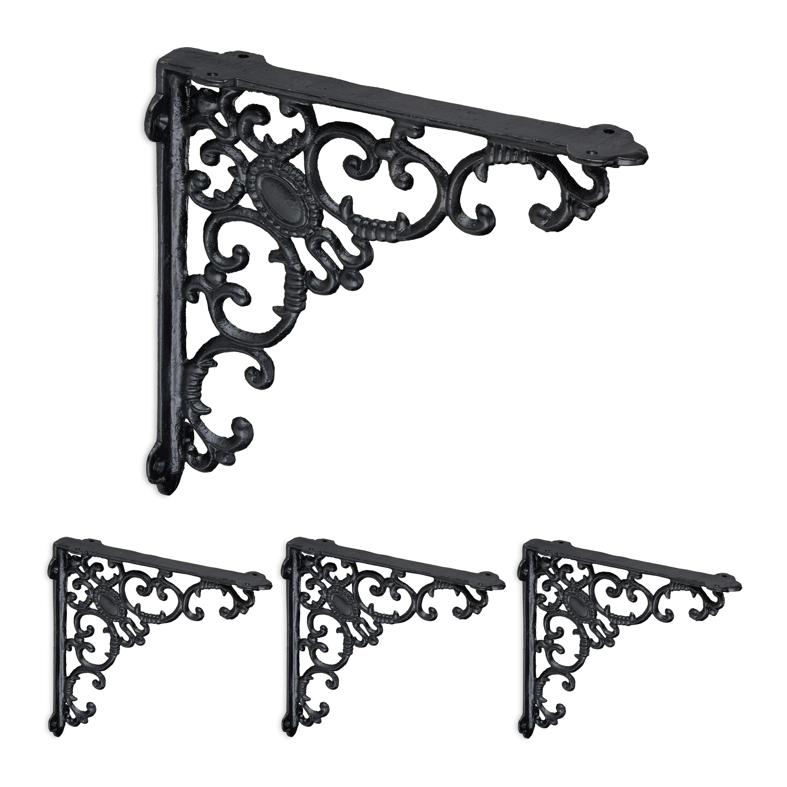 Relaxdays Lot Pratique de 4 équerres pour étagères, en Fonte, Design Antique, HLP : 21,5 x 4 x 21,5 cm chacune, Noir