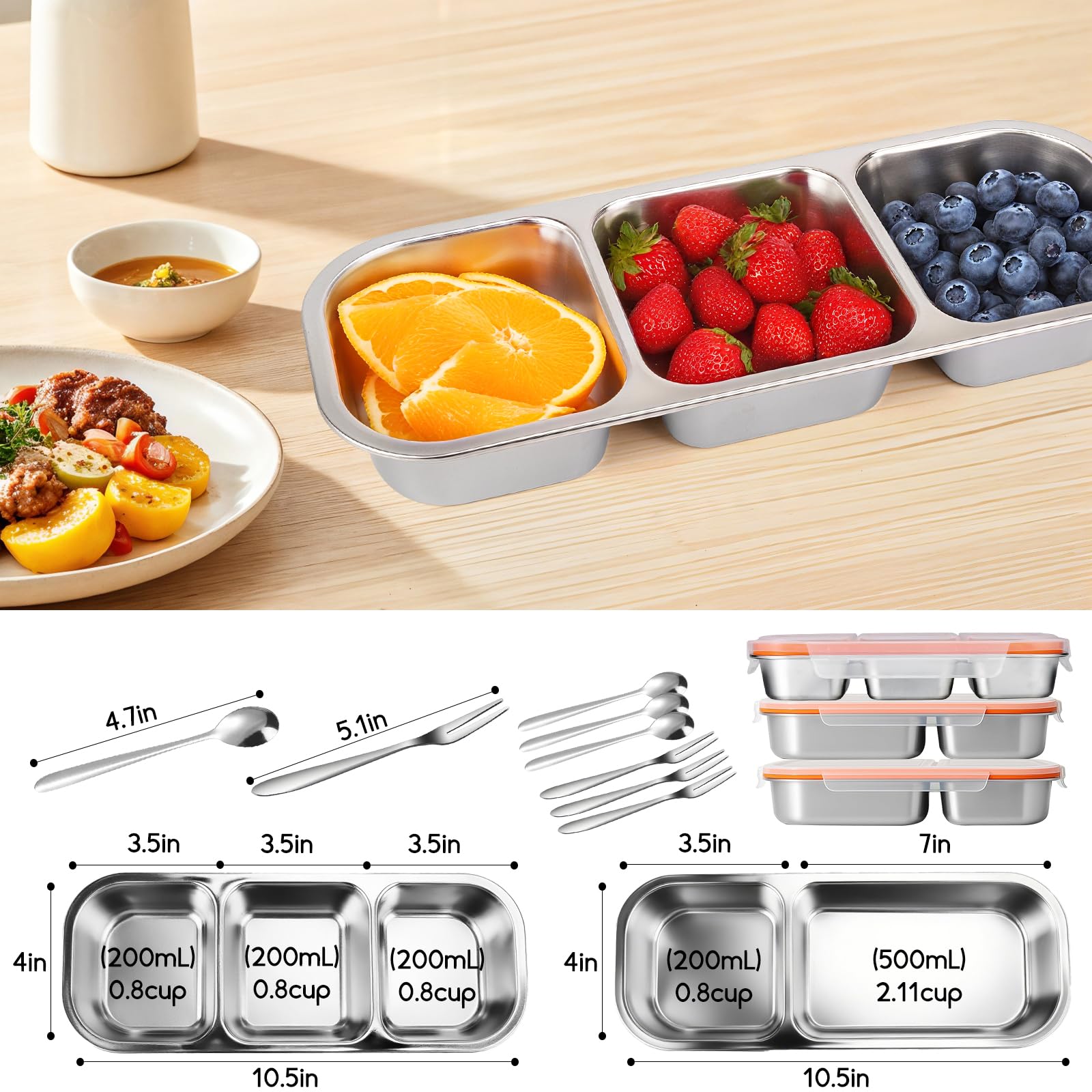 VAlinks Snack-Behälter mit auslaufsicherem Deckel, 304 Edelstahl, Bento-Snack-Box, geteilte Lunchbox, Lebensmittelbehälter für Zuhause, Offizier, Fitnessstudio, Reisen, 3 Stück