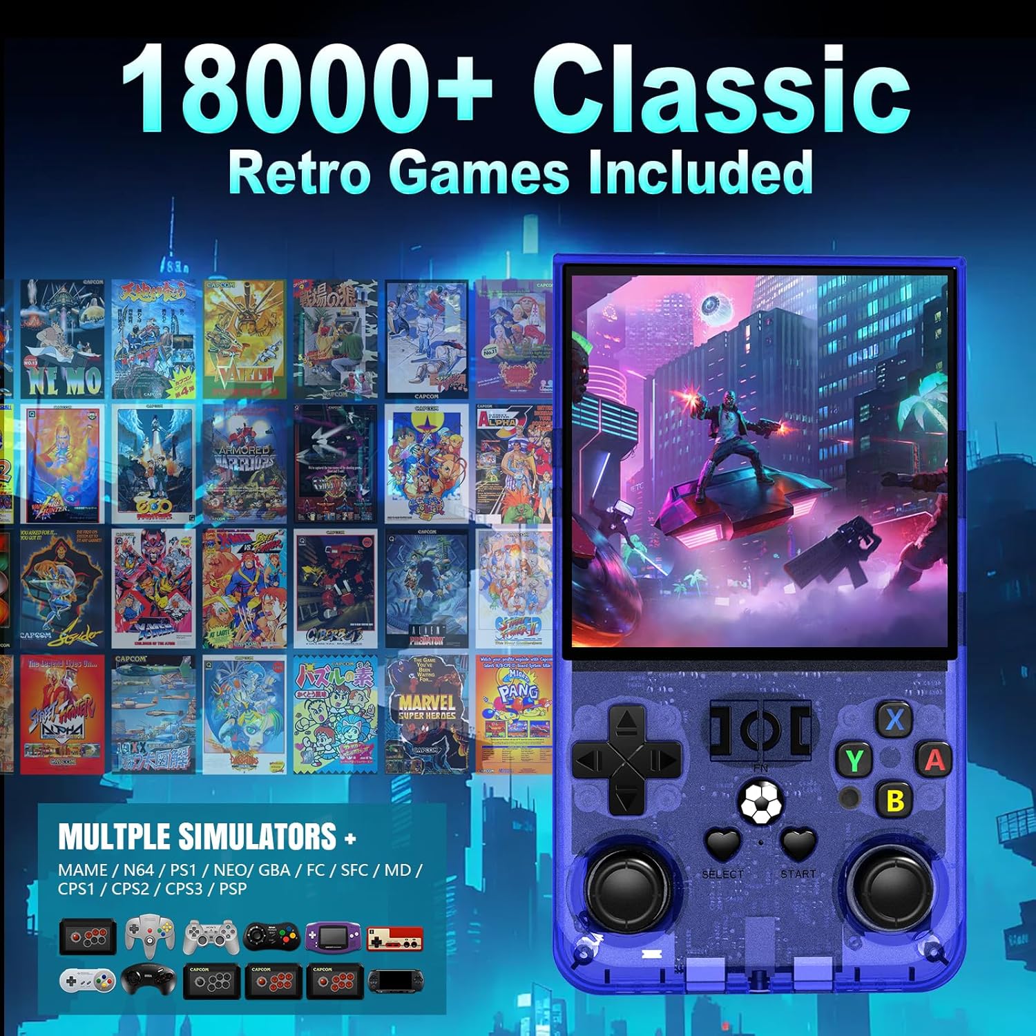 R36MAX Game Console,4.0 Inch IPS Screen Linux System with 64GB TF Card,Retro Gaming Console Built in 18000+ Games,Retro Game Console for Adults,4000mAh Battery (Blue)