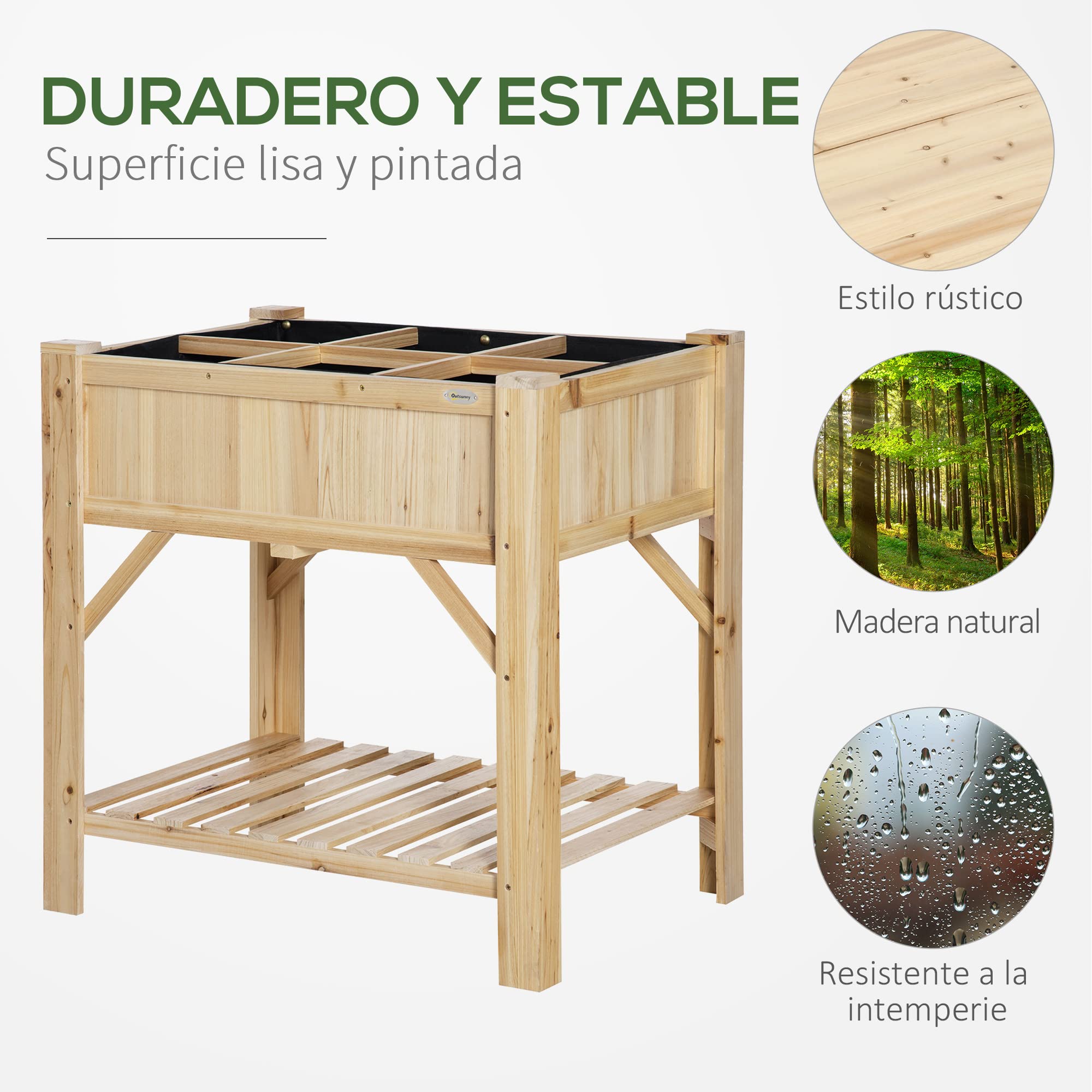 Outsunny Huerto Urbano de Madera Mesa de Cultivo con 6 Compartimentos y Estante Inferior para Plantas Flores en Jardín Terraza Exterior Carga 80 kg 78,5x58x81 cm Color Natural