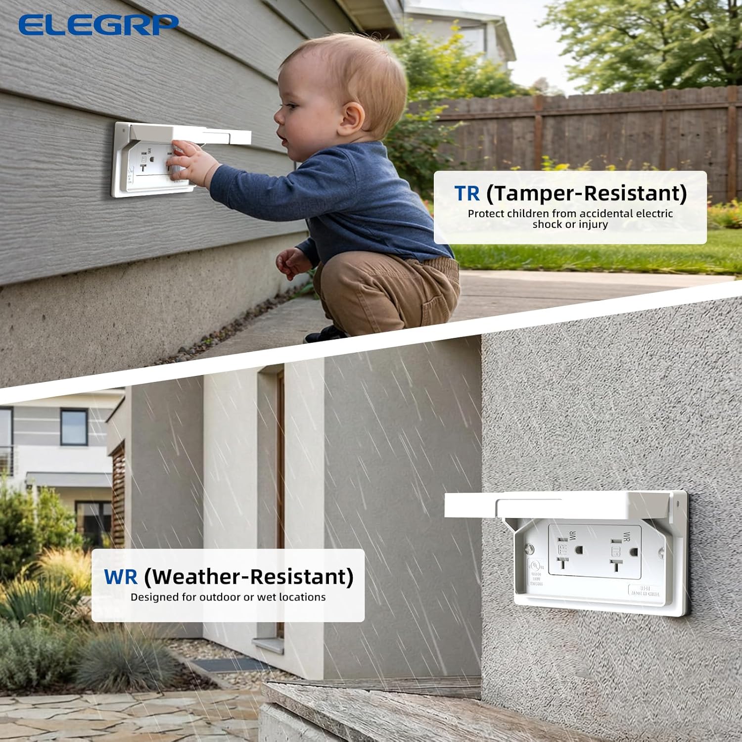 ELEGRP 20 Amp Standard Decorator Electrical Wall Receptacle Outlets with Horizontal Outdoor Weatherproof Cover, TR WR Tamper Weather Resistant, 2 Pole 3 Wire, Self-Grounding, UL Listed, White, 6 Pack