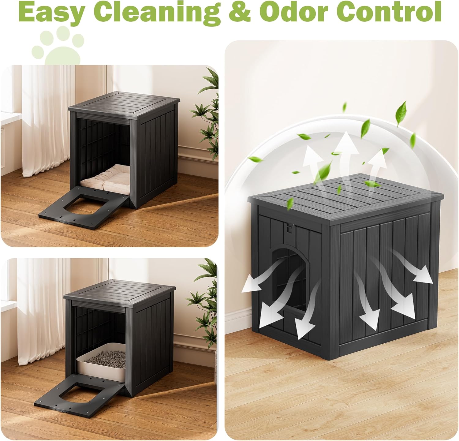 Outdoor Cat House Weatherproof, Resin Cat Houses for Outdoor Indoor Cats, Cat Box Enclosure, Easy to Assemble & Clean, Black