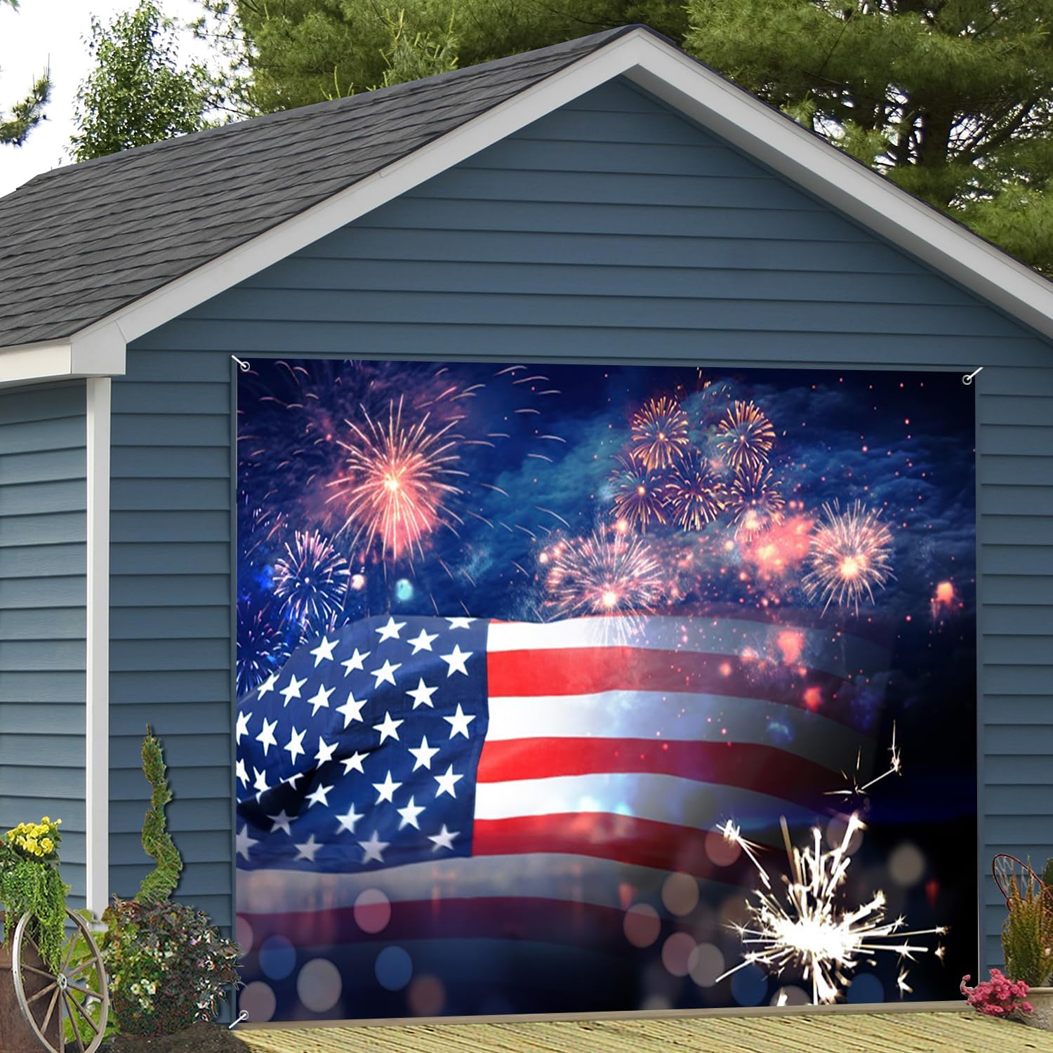 7x8ft American Flag Garage Door Decor Red Blue Star Flag Golden Firework Night Sky Bokeh Garage Door Cover Independence Day 4th of July Patriotic President's Day Garage Door Backdrop