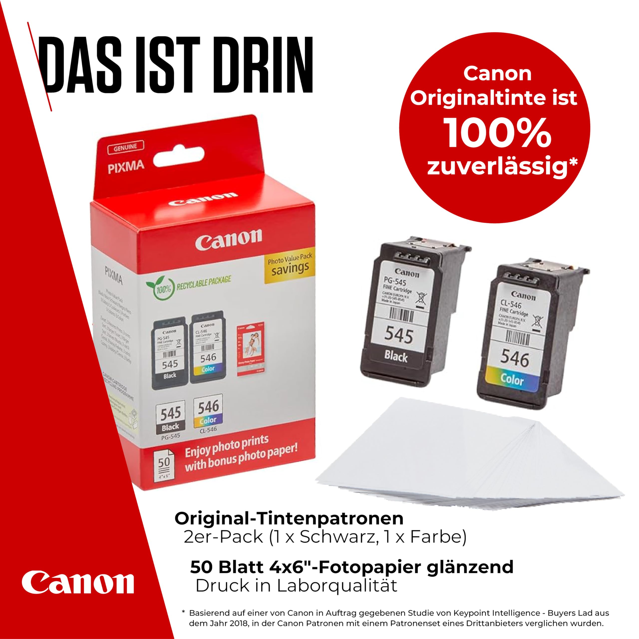 Canon PG-545/CL-546 Original Tintenpatronen 2er-Pack & 4x6 Fotopapier 50 Blatt für PIXMA TS3350 TS4550 TS3450 TS3150