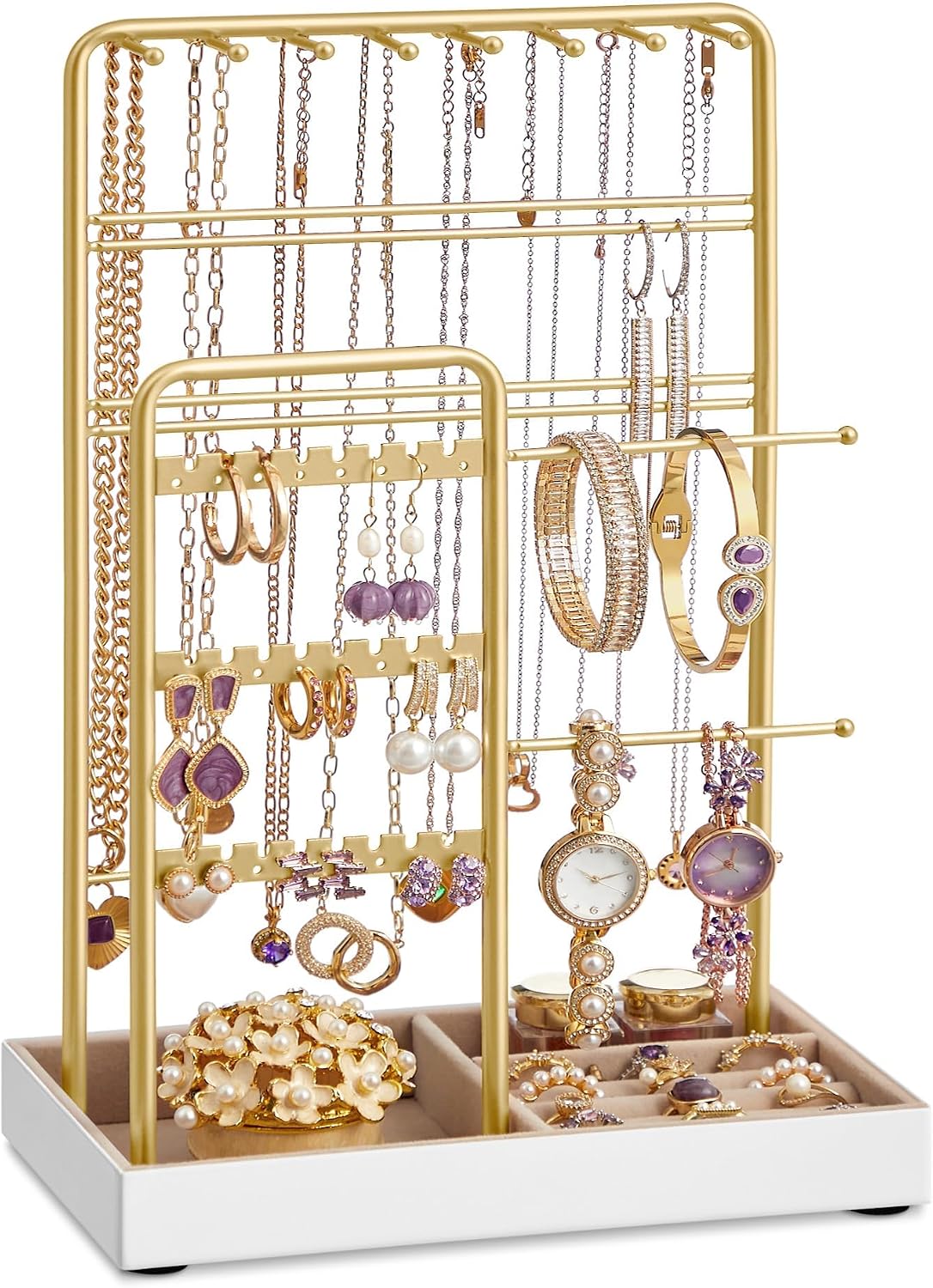 SONGMICS pale gold compact necklace holder jewelry stand with tray